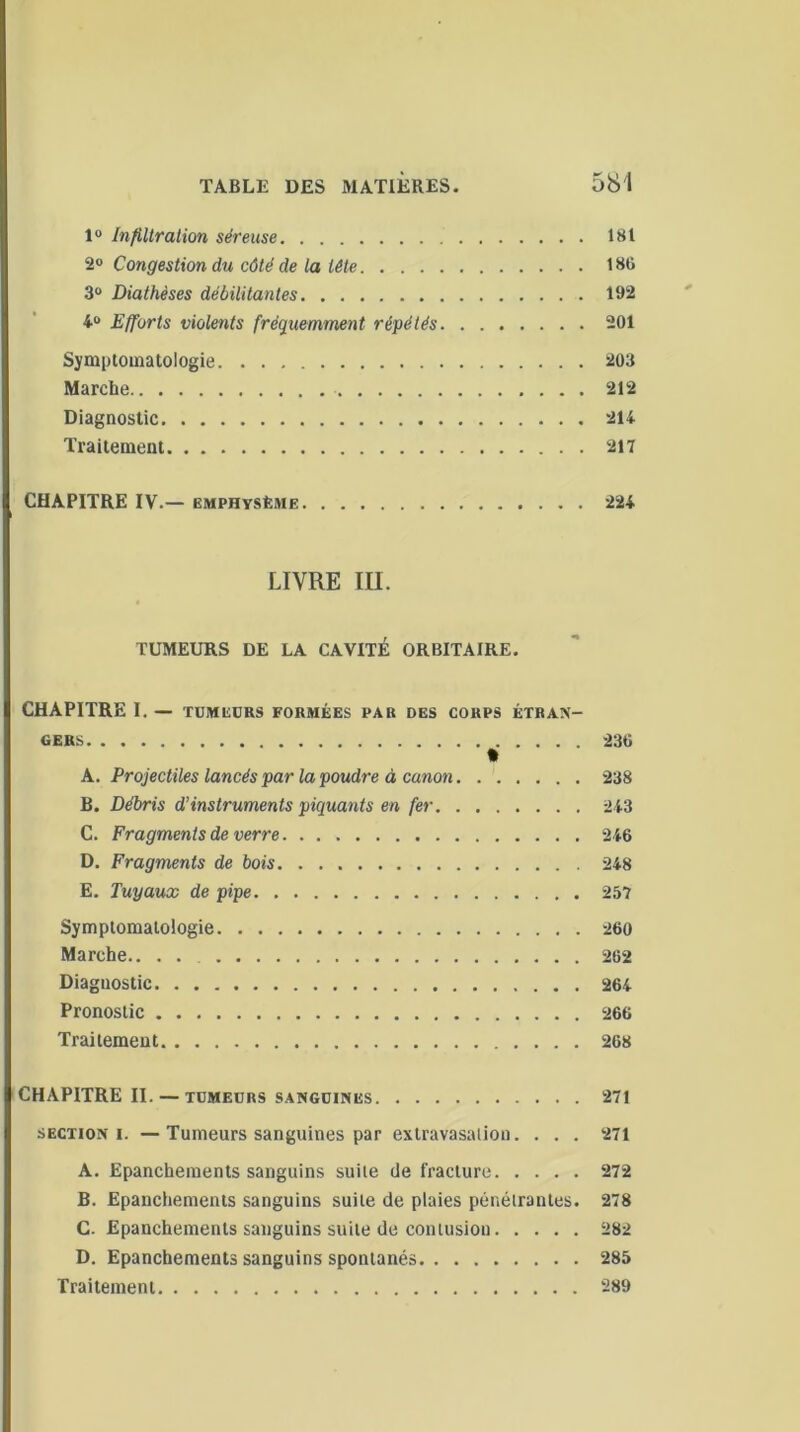 1° Infiltration séreuse 181 2° Congestion du côté de la tête 180 3° Diathèses débilitantes 192 4° Efforts violents fréquemment répétés 201 Symptomatologie 203 Marche 212 Diagnostic 214 Traitement 217 CHAPITRE IV.— emphysème 224 LIVRE m. TUMEURS DE LA CAVITÉ ORBITAIRE. CHAPITRE I. — TUMEURS FORMÉES par des corps étran- gers 236 A. Projectiles lancés par la poudre à canon. 238 B. Débris d’instruments piquants en fer 243 C. Fragments de verre 246 D. Fragments de bois 248 E. Tuyaux de pipe 257 Symptomatologie 260 Marche.. . . 262 Diagnostic 264 Pronostic 266 Traitement 268 CHAPITRE II. — TUMEURS SANGUINES 271 section i. — Tumeurs sanguines par extravasation. . . . 271 A. Epanchements sanguins suite de fracture 272 B. Epanchements sanguins suite de plaies pénétrantes. 278 C. Epanchements sanguins suite de contusion 282 D. Epanchements sanguins spontanés 285 Traitement 289