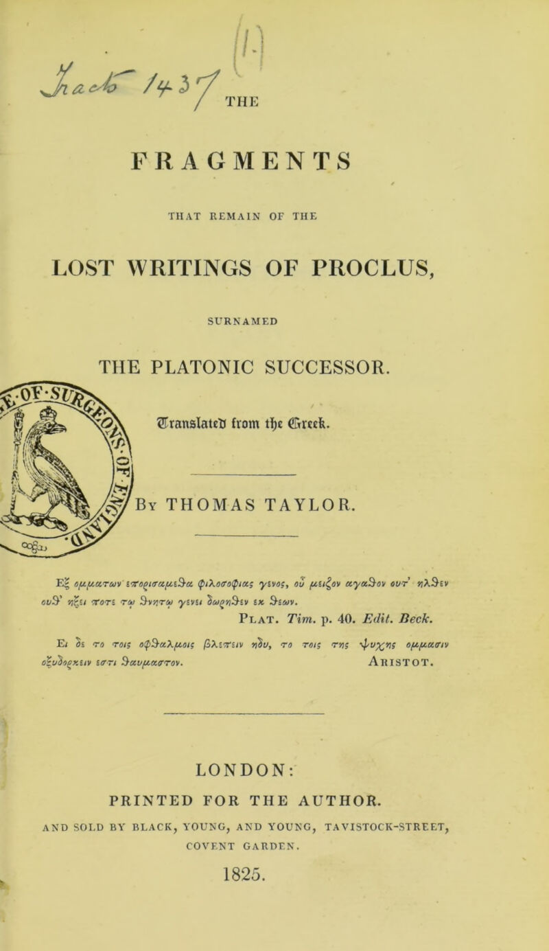 THE FRAGMENTS THAT REMAIN OF THE LOST WRITINGS OF PROCLUS, SURNAMED THE PLATONIC SUCCESSOR. E| op.f/.aruv tptXoffo^ia.; ysvo;, ou (tti&v ayaS-w our vXQ'.v «t/T ni-st •xoti ru Qvuru ysvu dagnQei/ £* 9-Siuv. Plat. Tim. p. 40. Edit. Beck. E; Ss ro rot; opS-aX/tot; /SAssrs/v xSy, ro rot; rn; \pu^r; ofj.fj.a.tn'i o%u$ogxuv tart Sauftarrov. AltlSTOT. LONDON: PRINTED FOR THE AUTHOR. AND SOLD BY BLACK, YOUNG, AND YOUNG, TAVISTOCK-STREET, COVENT GARDEN. * 1825.