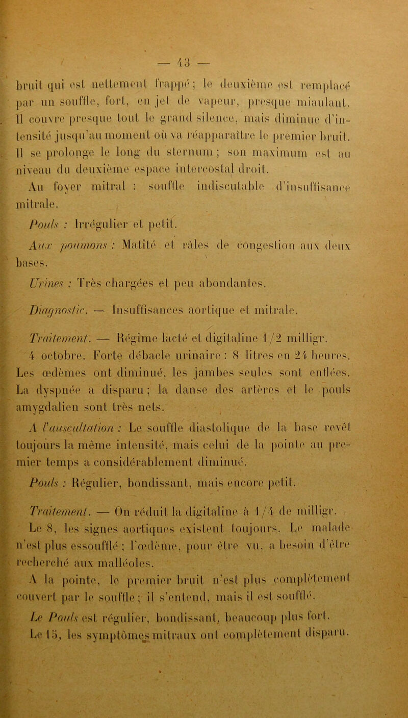 bruit qui est nettement frappé; le deuxième osl remplacé par un souffle, fort, en jel de vapeur, presque miaulant. 11 couvre presque tout le grand silence, mais diminue d’in- tensité jusqu'au moment où va réapparaître le premier bruit. 11 se prolonge le long du sternum; son maximum est au niveau du deuxième espace intercostal droit. Au loyer mitral : souffle indiscutable d’iusuIIisa11ce mitrale. Pouls : Irrégulier et petit. Aux poumons : Matité et râles de congestion aux deux bases. Urines : Très chargées et peu abondantes. Diagnostic.. — Insuffisances aortique et mitrale. Traitement. — Régime lacté et digitaline 1/2 milligr. 4 octobre. Forte débâcle urinaire: 8 litres en 24 heures. Les œdèmes ont diminué, les jambes seules sont enflées. La dyspnée a disparu ; la danse des artères et le pouls amygdalien sont très nets. A F auscultation : Le souffle diastolique de la base revêt toujours la même intensité, mais celui de la pointe au pre- mier temps a considérablement diminué. Pouls : Régulier, bondissant, mais encore petit. Traitement. — On réduit la digitaline à 1/4 de milligr. Le 8, les signes aortiques existent toujours. Le malade n’est plus essoufflé ; l’oedème, pour être vu, a besoin d’être recherché aux malléoles. A la pointe, le premier bruit n’est plus complètement couvert par le souffle; il s’entend, mais il est soufflé. Le Pouls est régulier, bondissant, beaucoup plus fort. ht1 |5, les symptôme^mitraux ont complètement disparu.