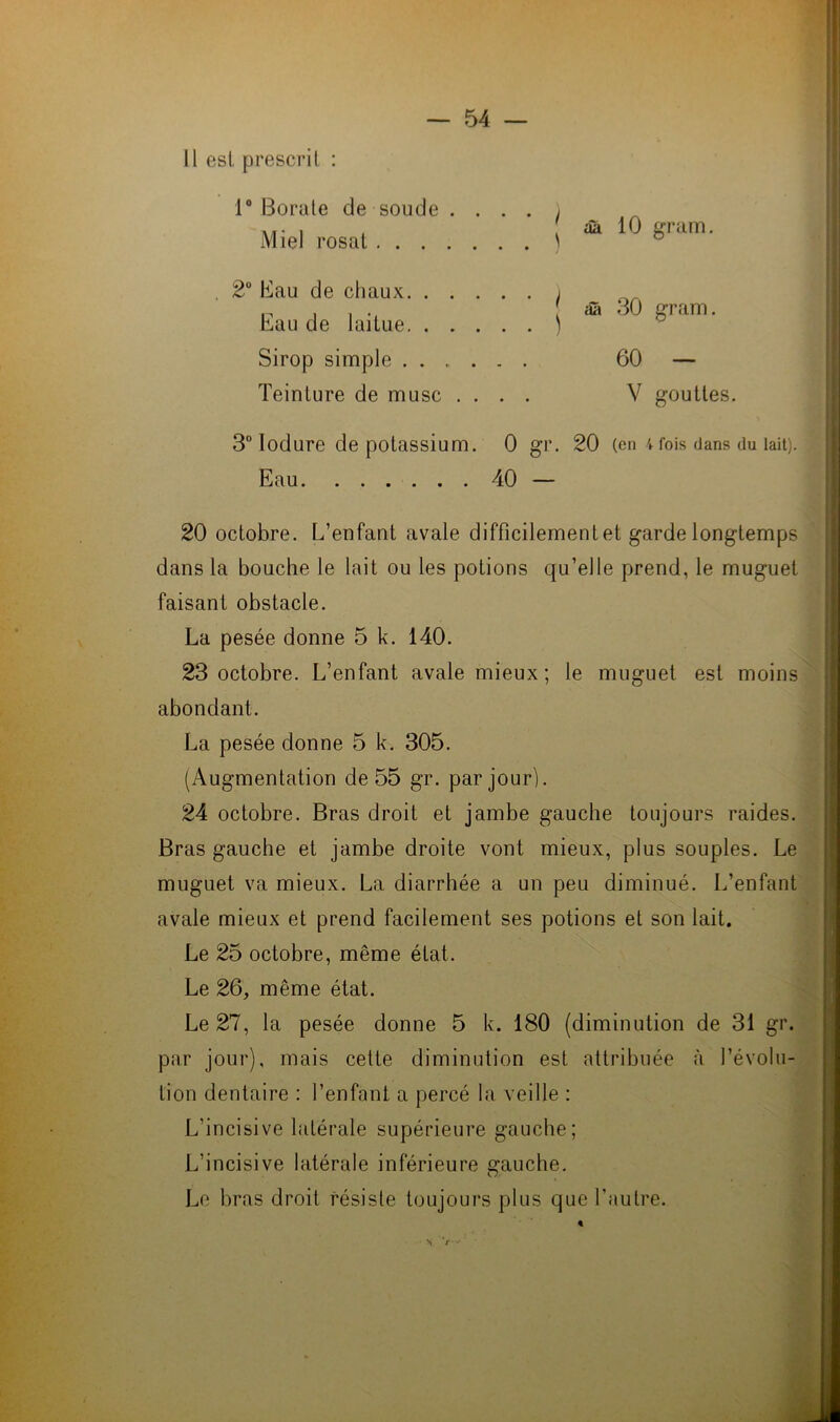 Il est prescrit : 1° Borate de soude .... Miel rosat | âa 10 gram. 2° Eau de chaux Eau de laitue | âa 30 gram. Sirop simple ...... 60 — Teinture de musc .... V gouttes. 3° Iodure de potassium. 0 gr. 20 (en 4 fois dans du lait). Eau 40 — 20 octobre. L’enfant avale difficilement et garde longtemps dans la bouche le lait ou les potions qu’elle prend, le muguet faisant obstacle. La pesée donne 5 k. 140. 23 octobre. L’enfant avale mieux; le muguet est moins abondant. La pesée donne 5 k. 305. (Augmentation de 55 gr. par jour). 24 octobre. Bras droit et jambe gauche toujours raides. Bras gauche et jambe droite vont mieux, plus souples. Le muguet va mieux. La diarrhée a un peu diminué. L’enfant avale mieux et prend facilement ses potions et son lait. Le 25 octobre, même état. Le 26, même état. Le 27, la pesée donne 5 k. 180 (diminution de 31 gr. par jour), mais cette diminution est attribuée à l’évolu- tion dentaire : l’enfant a percé la veille : L’incisive latérale supérieure gauche; L’incisive latérale inférieure gauche. Le bras droit résiste toujours plus que l’autre. \ V -