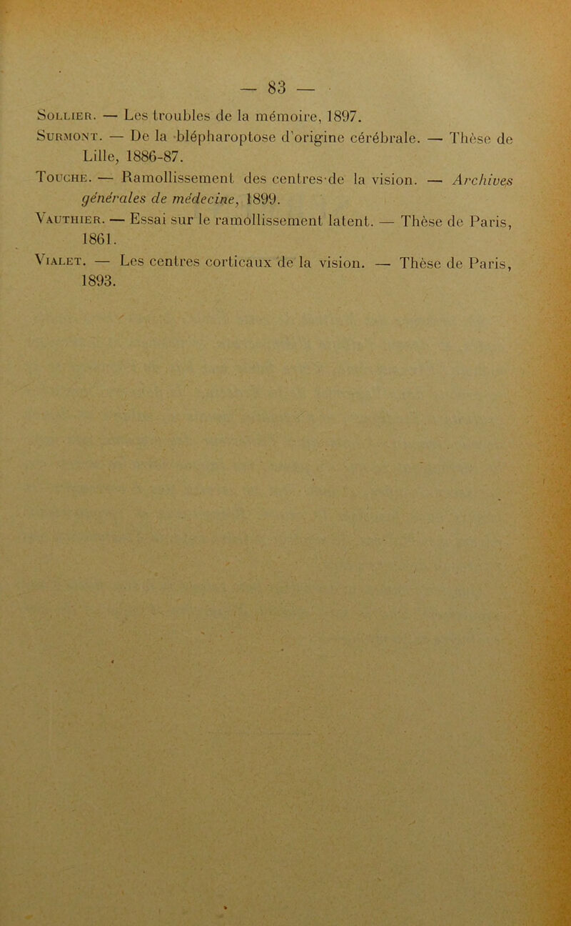 Sollier. — Les troubles de la mémoire, 1897. Surmont. — De la blépharoptose d’origine cérébrale. — Thèse de Lille, 1886-87. Touche. — Ramollissement des centres-de la vision. — Archives générales de médecine, 1899. Vauthier. — Essai sur le ramollissement latent. — Thèse de Paris, 1861. Vialet. — Les centres corticaux de la vision. — Thèse de Paris, 1893.