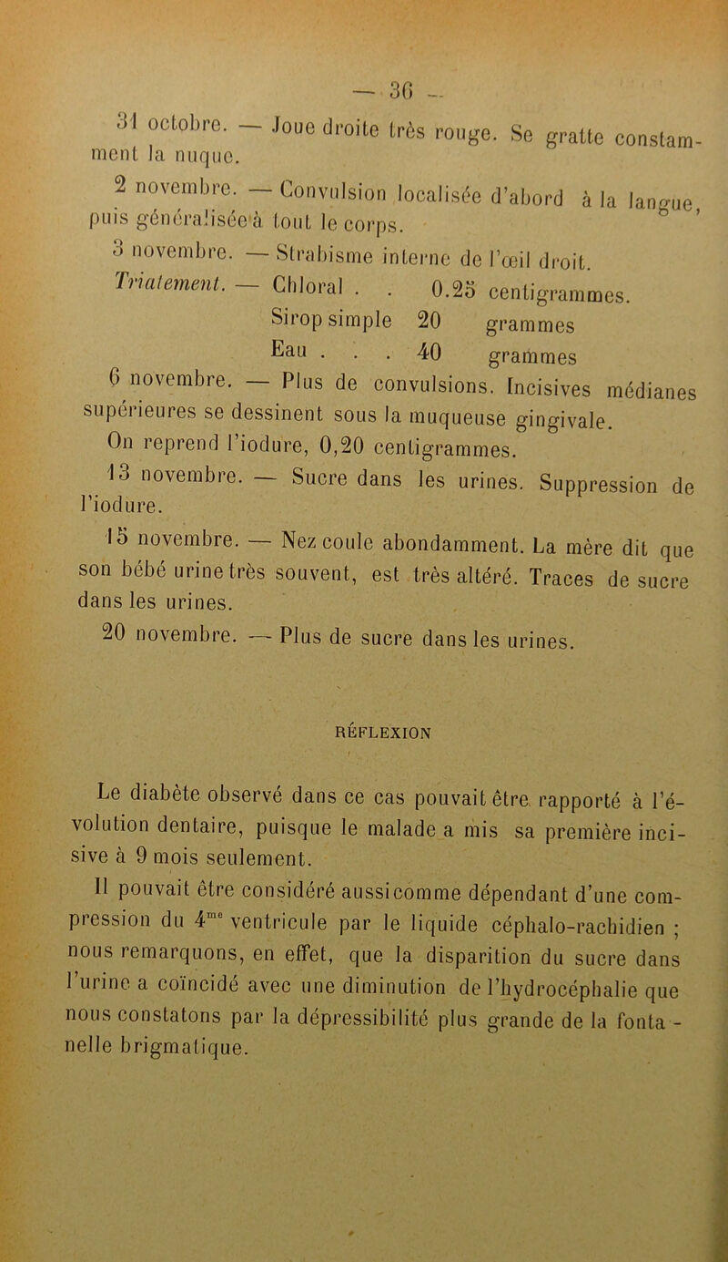 31 °Ct0bre- ~ Jouedroit* ‘rès rouge. Se gratte constam- ment la nuque. 2 novembre. — Convulsion localisée d’abord à la langue puis généralisée à tout le corps. 3 novembre. — Strabisme interne de l’œil droit. Trialement. Chloral . . 0.2o centigrammes. Sirop simple 20 grammes Eau ... 40 grammes 6 novembre. — Plus de convulsions. Incisives médianes supérieures se dessinent sous la muqueuse gingivale. On reprend I iodure, 0,20 centigrammes. 13 novembre. — Sucre dans les urines. Suppression de l’iodure. 15 novembre. — Nez coule abondamment. La mère dit que son bébé urine très souvent, est très altéré. Traces de sucre dans les urines. 20 novembre. Plus de sucre dans les urines. RÉFLEXION 1 Le diabète observé dans ce cas pouvait être, rapporté à l’é- volution dentaire, puisque le malade a mis sa première inci- sive à 9 mois seulement. 11 pouvait être considéré aussi comme dépendant d’une com- pression du 4me ventricule par le liquide céphalo-rachidien ; nous remarquons, en effet, que la disparition du sucre dans 1 urine a coïncidé avec une diminution de l’hydrocéphalie que nous constatons par la dépressibilité plus grande de la fonta - nelle brigmatique.