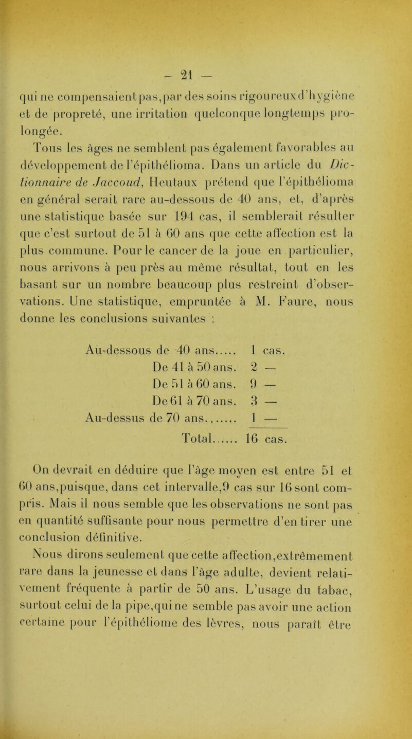 qui ne compensaient pas,par des soins rigoureuxd’hygiène et de propreté, une irritation quelconque longtemps pro- longée. Tous les âges ne semblent pas également favorables au développement deTépilhélioma. Dans un article du Dic- tionnaire de .Jaccoiul, Dentaux prétend que l’épithélioma en général serait rare au-dessous de 40 ans, et, d’après une statistique basée sur 194 cas, il semblerait résulter que c’est surtout de 51 à 00 ans que cette affection est la plus commune. Pour le cancer de la joue en particulier, nous arrivons à peu près au même résultat, tout en les basant sur un nombre beaucoup plus restreint d’obser- vations. Une statistique, empruntée à M. Faure, nous donne les conclusions suivantes : Au-dessous de 40 ans 1 cas. De 41 à 50 ans. 9 — De 51 à 60 ans. 9 — De 61 à 70 ans. 3 — Au-dessus de 70 ans 1 — Total 16 cas. On devrait en déduire que l’àge moyen est entre 51 et 60 ans,puisque, dans cet intervalle,9 cas sur 16 sont com- pris. Mais il nous semble que les observations ne sont pas en quantité suffisante pour nous permettre d’en tirer une conclusion définitive. Nous dirons seulement que cette affection,extrêmement rare dans la jeunesse et dans l’àgc adulte, devient relati- vement fréquente à partir de 50 ans. L’usage du tabac, surtout celui de la pipe,qui ne semble pas avoir une action certaine pour l’épithéliome des lèvres, nous paraît être