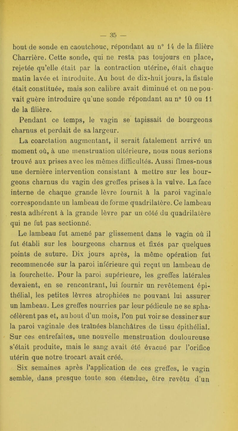 bout de sonde en caoutchouc, répondant au n° 14 de la filière Charrière. Cette sonde, qui ne resta pas toujours en place, rejetée qu’elle était par la contraction utérine, élait chaque matin lavée et introduite. Au bout de dix-huit jours, la fistule était constituée, mais son calibre avait diminué et on ne pou- vait guère introduire qu’une sonde répondant au n° 10 ou 11 de la filière. Pendant ce temps, le vagin se tapissait de bourgeons charnus et perdait de sa largeur. La coarctation augmentant, il serait fatalement arrivé un moment où, à une menstruation ultérieure, nous nous serions trouvé aux prises avec les mêmes difficultés. Aussi fîmes-nous une dernière intervention consistant à mettre sur les bour- geons charnus du vagin des greffes prises à la vulve. La face interne de chaque grande lèvre fournit à la paroi vaginale correspondante un lambeau de forme quadrilatère. Ce lambeau resta adhérent à la grande lèvre par un côté du quadrilatère qui ne fut pas sectionné. Le lambeau fut amené par glissement dans le vagin où il fut établi sur les bourgeons charnus et fixés par quelques points de suture. Dix jours après, la même opération fut recommencée sur la paroi inférieure qui reçut un lambeau de la fourchette. Pour la paroi supérieure, les greffes latérales devaient, en se rencontrant, lui fournir un revêtement épi- thélial, les petites lèvres atrophiées ne pouvant lui assurer un lambeau. Les greffes nourries par leur pédicule ne se spha* célèrentpas et, au bout d’un mois, l’on put voir se dessiner sur la paroi vaginale des traînées blanchâtres de tissu épithélial. Sur ces entrefaites, une nouvelle menstruation douloureuse s’était produite, mais le sang avait été évacué par l’orifice utérin que notre trocart avait créé. Six semaines après l’application de ces greffes, le vagin semble, dans presque toute son étendue, être revêtu d’un