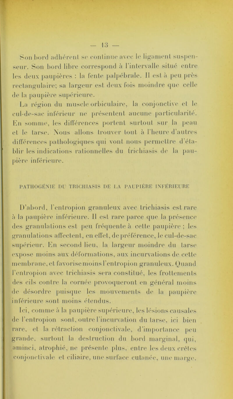 Son bord adhérent se continue avec le ligament suspen- seur. Son bord libre correspond à l’intervalle situe entre les deux paupières : la l'ente palpébrale. Il est à peu près rectangulaire; sa largeur est deux fois moindre que celle de la paupière supérieure. La région du muscle orbiculaire, la conjonctive et le cul-de-sac inférieur ne présentent aucune particularité. En somme, les différences portent surtout sur la peau et le tarse. Nous allons trouver tout à l’heure d’autres différences pathologiques qui vont nous permettre d’éta- blir les indications rationnelles du trichiasis de la pau- pière inférieure. PATIIOGÉNIE DU TRICHIASIS DE LA PAUPIÈRE INFÉRIEURE D’abord, l’entropion granuleux avec trichiasis est rare à la paupière inférieure. 11 est rare parce que la présence des granulations est peu fréquentée» celte paupière; les granulations affectent, en effet, de préférence, le cul-de-sac supérieur. En second lieu, la largeur moindre du tarse expose moins aux déformations, aux incurvations de cette membrane, et favorise moins l’en tropion granuleux. Quand l’entropion avec trichiasis sera constitué, les frottements des cils contre la cornée provoqueront en général moins de désordre puisque les mouvements de la paupière inférieure sont moins étendus. Ici, comme à la paupière supérieure, les lésions causales de l’entropion sont, outre l’incurvation du tarse, ici bien rare, et la rétraction conjonctivale, d’importance peu grande, surtout la destruction du bord marginal, qui, aminci, atrophié, ne présente plus, entre les deux crêtes conjonctivale et ciliaire, une surface cutanée, une marge.