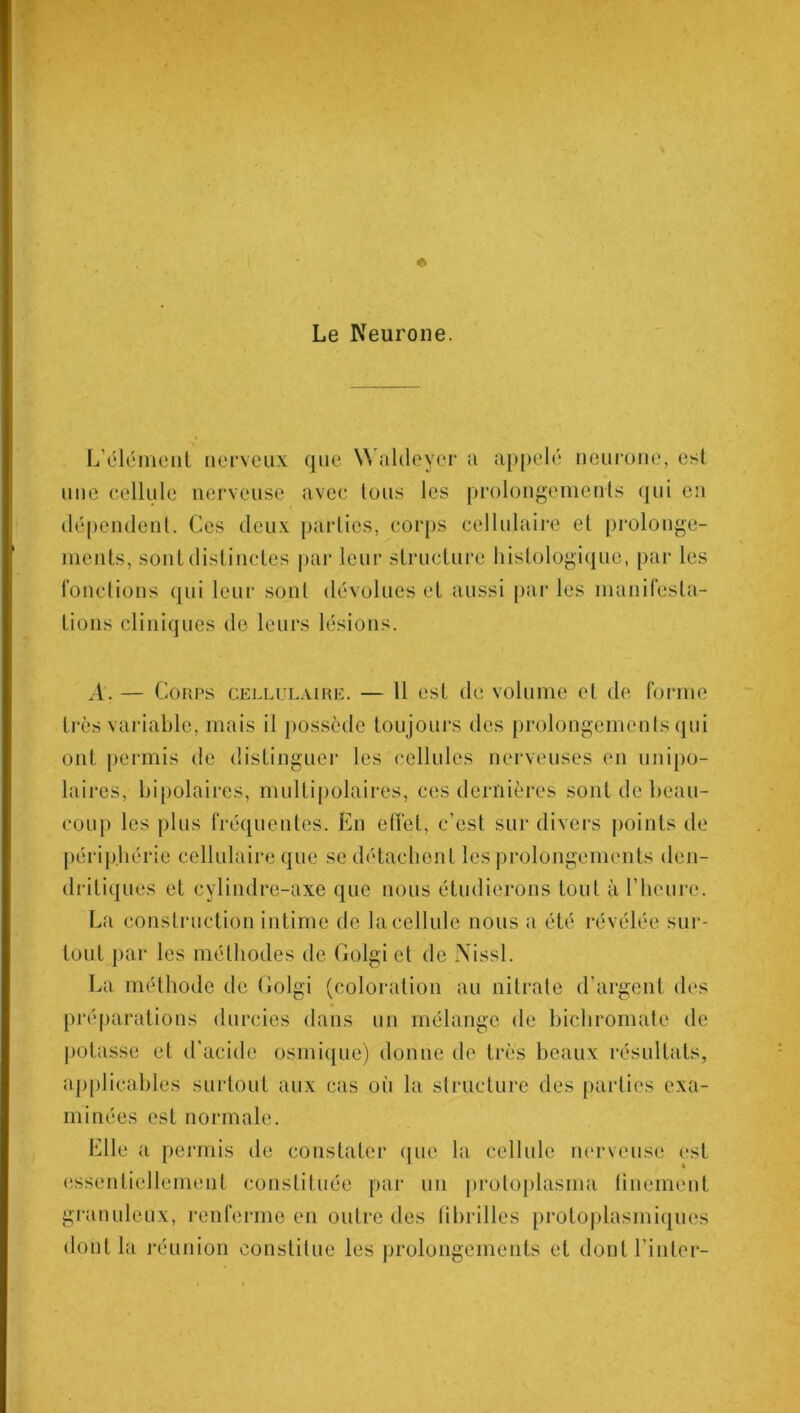 * Le Neurone. L’élément nerveux que Waldeyer a appelé neurone, est une cellule nerveuse avec tous les prolongements qui en dépendent. Ces deux parties, corps cellulaire et prolonge- ments, sont distinctes par leur structure histologique, par les fonctions qui leur sont dévolues et aussi par les manifesta- tions cliniques de leurs lésions. A. — Corps cellulaire. — 11 est de volume et de forme très variable, mais il possède toujours des prolongements qui ont permis de distinguer les cellules nerveuses en unipo- laires, bipolaires, multipolaires, ces dernières sont de beau- coup les plus fréquentes. En effet, c’est sur divers points de périphérie cellulaire que se détachent les prolongements den- dritiques et cylindre-axe que nous étudierons tout à l'heure. La construction intime de la cellule nous a été révélée sur- tout par les méthodes de Golgiet de Nissl. La méthode de Golgi (coloration au nitrate d’argent des préparations durcies dans un mélange de bichromate de potasse et d'acide osmique) donne de très beaux résultats, applicables surtout aux cas où la structure des parties exa- minées est normale. Elle a permis de constater que la cellule nerveuse est essentiellement constituée par un protoplasma finement granuleux, renferme en outre des fibrilles protoplasmiques dont la réunion constitue les prolongements et dont l’inter-