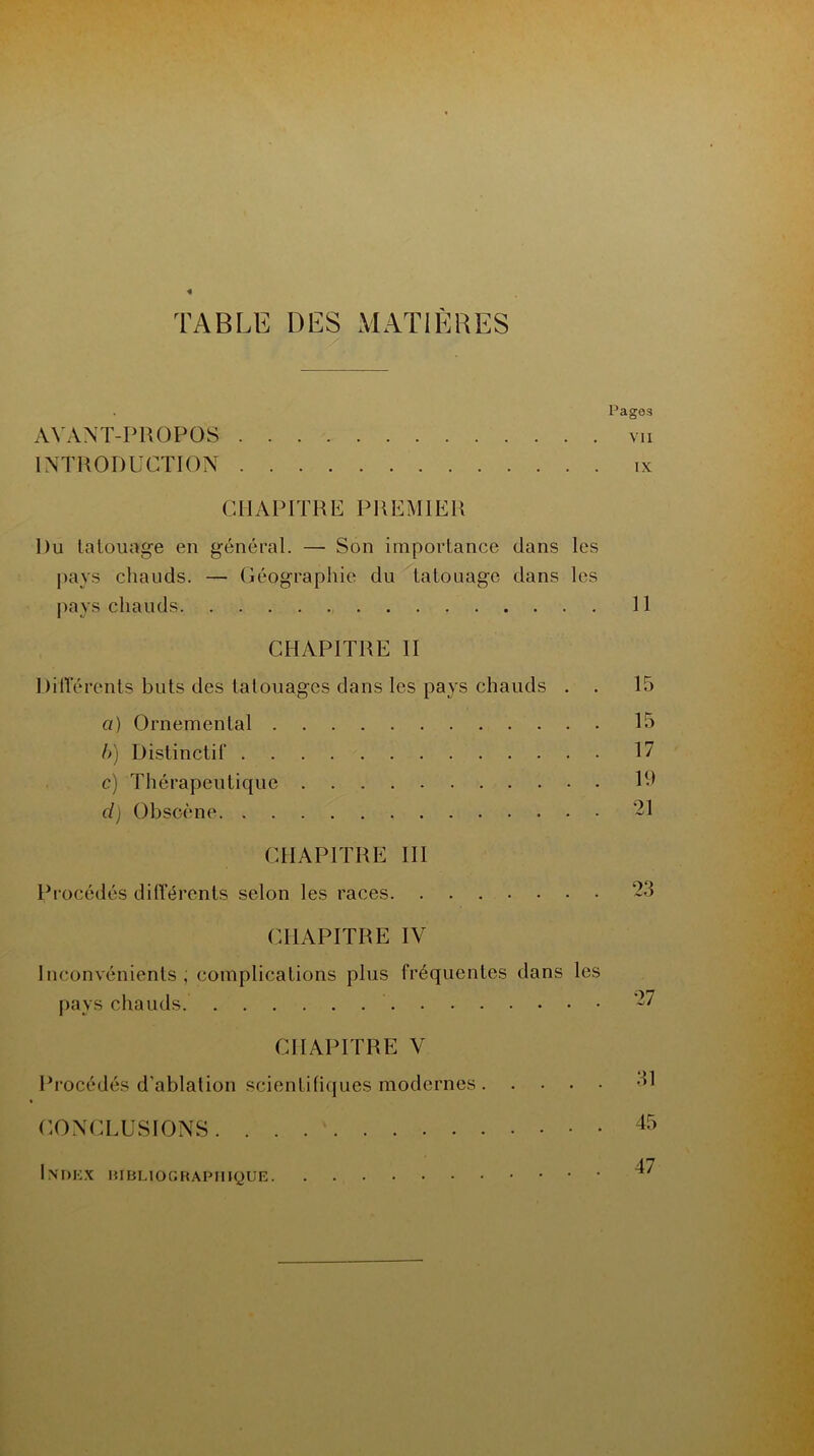 TABLE DES MATIÈRES Pages AVANT-PROPOS vu INTRODUCTION ix CHAPITRE PREMIER Du tatouage en général. — Son importance dans les pays chauds. — Géographie du tatouage dans les pays chauds 11 CHAPITRE II Différents buts des tatouages dans les pays chauds . . 15 a) Ornemental 15 b) Distinctif 17 c) Thérapeutique 19 cl) Obscène -1 CHAPITRE III Procédés différents selon les races 23 CHAPITRE IV Inconvénients; complications plus fréquentes dans les pays chauds. 27 CHAPITRE V Procédés d'ablation scientifiques modernes 51 CONCLUSIONS 45 Index bibliographique 4'