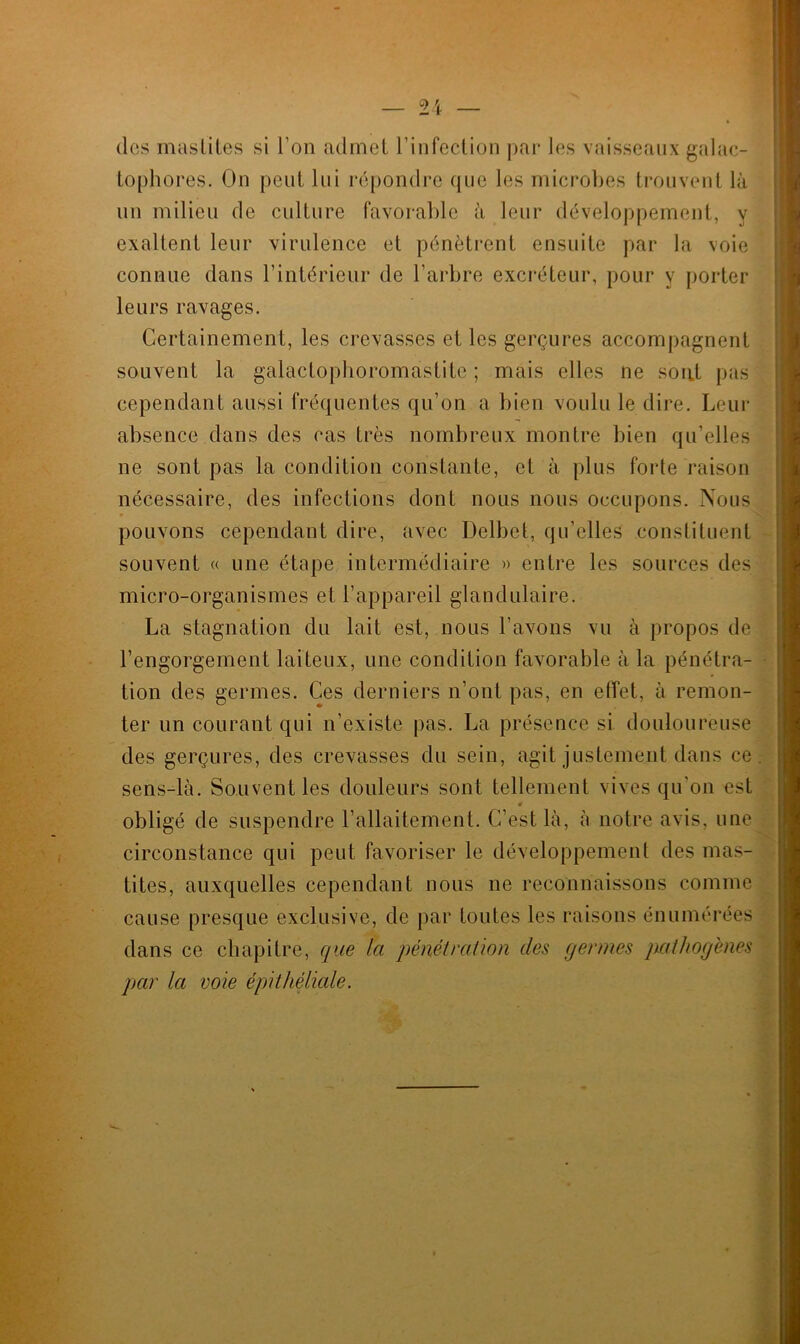 des mastites si l'on admet l’infection par les vaisseaux galac- tophores. On peut lui répondre que les microbes trouvent là un milieu de culture favorable à leur développement, y 9 exaltent leur virulence et pénètrent ensuite par la voie connue dans l’intérieur de l’arbre excréteur, pour y porter leurs ravages. Certainement, les crevasses et les gerçures accompagnent souvent la galactopboromastite ; mais elles ne soat pas cependant aussi fréquentes qu’on a bien voulu le dire. Leur absence dans des cas très nombreux montre bien qu’elles ne sont pas la condition constante, et à plus forte raison nécessaire, des infections dont nous nous occupons. Nous pouvons cependant dire, avec Delbet, qu’elles constituent souvent « une étape intermédiaire » entre les sources des micro-organismes et l’appareil glandulaire. La stagnation du lait est, nous l’avons vu à propos de l’engorgement laiteux, une condition favorable à la pénétra- tion des germes. Ces derniers n’ont pas, en effet, à remon- ter un courant qui n’existe pas. La présence si douloureuse des gerçures, des crevasses du sein, agit justement dans ce sens-là. Souvent les douleurs sont tellement vives qu’on est obligé de suspendre l’allaitement. C’est là, à notre avis, une circonstance qui peut favoriser le développement des mas- tites, auxquelles cependant nous ne reconnaissons comme cause presque exclusive, de par toutes les raisons énumérées dans ce chapitre, que la pénétration des germes pathogènes par la voie épithéliale.