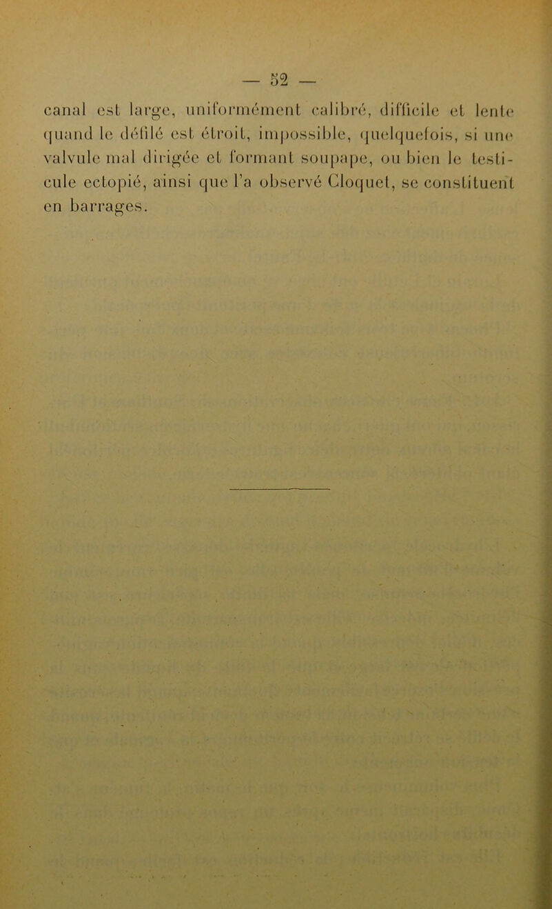 canal est large, uniformément calibré, difficile et lente quand le délilé est étroit, impossible, quelquefois, si une valvule mal dirigée et formant soupape, ou bien le testi- cule ectopié, ainsi que l’a observé Cloquct, se constituent en barrages.