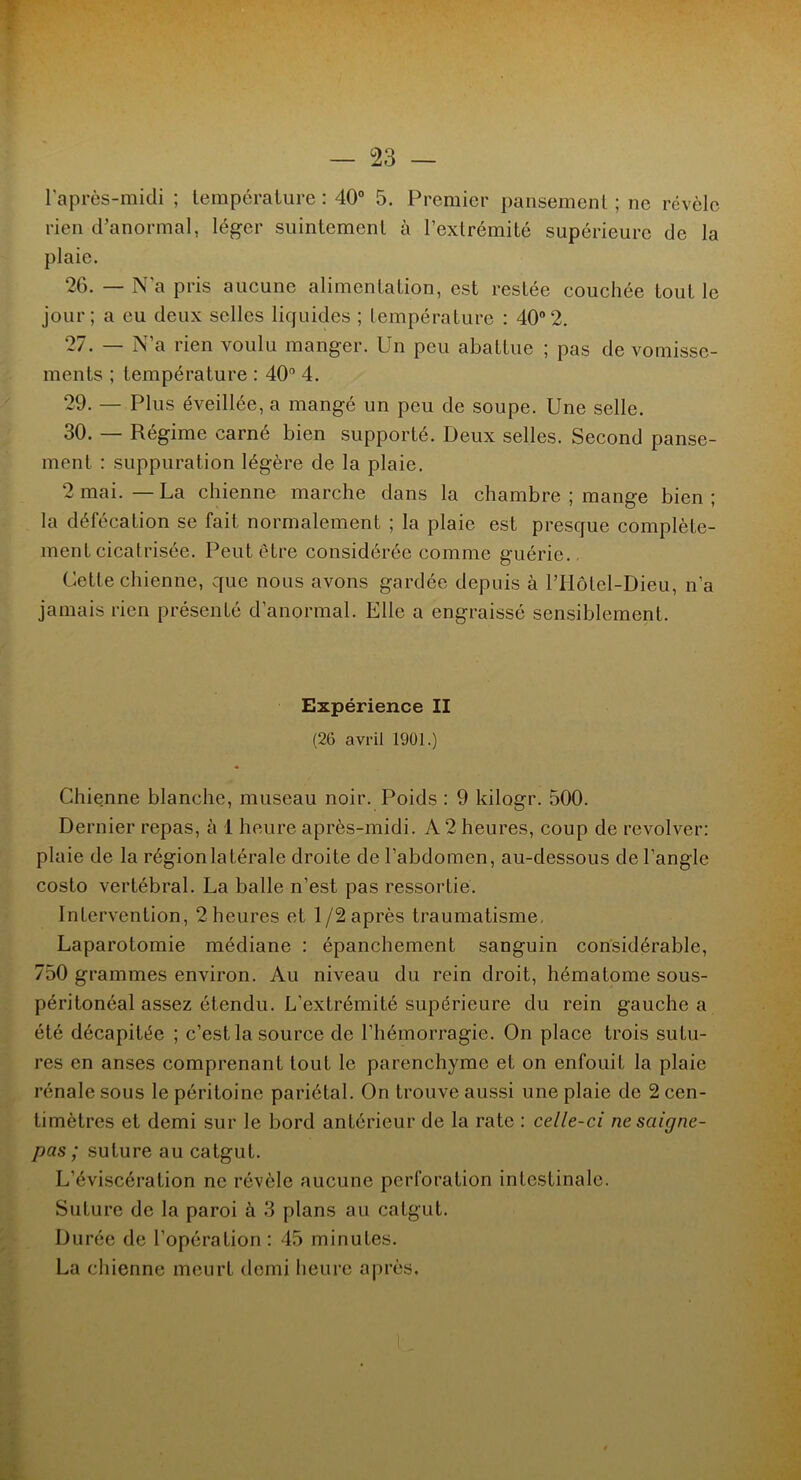 l’après-midi; température : 40° 5. Premier pansement ; ne révèle rien d’anormal, léger suintement à l’extrémité supérieure de la plaie. 26. — N’a pris aucune alimentation, est restée couchée tout le jour; a eu deux selles liquides ; température : 40°2. 27. — N’a rien voulu manger. Un peu abattue ; pas de vomisse- ments ; température : 40° 4. 29. — Plus éveillée, a mangé un peu de soupe. Une selle. 30. — Régime carné bien supporté. Deux selles. Second panse- ment : suppuration légère de la plaie. 2 mai. — La chienne marche dans la chambre ; mange bien; la défécation se fait normalement ; la plaie est presque complète- ment cicatrisée. Peut être considérée comme guérie. Cette chienne, que nous avons gardée depuis à l’Hôtel-Dieu, n’a jamais rien présenté d’anormal. Elle a engraissé sensiblement. Expérience II (26 avril 1901.) Chienne blanche, museau noir. Poids : 9 kilogr. 500. Dernier repas, à 1 heure après-midi. A 2 heures, coup de revolver: plaie de la région latérale droite de l’abdomen, au-dessous de l’angle costo vertébral. La balle n’est pas ressortie. Intervention, 2 heures et 1/2 après traumatisme, Laparotomie médiane : épanchement sanguin considérable, 750 grammes environ. Au niveau du rein droit, hématome sous- péritonéal assez étendu. L’extrémité supérieure du rein gauche a été décapitée ; c’est la source de l’hémorragie. On place trois sutu- res en anses comprenant tout le parenchyme et on enfouit la plaie rénale sous le péritoine pariétal. On trouve aussi une plaie de 2 cen- timètres et demi sur le bord antérieur de la rate : celle-ci nesaigne- pas ; suture au catgut. L'éviscération ne révèle aucune perforation intestinale. Suture de la paroi à 3 plans au catgut. Durée de l’opération : 45 minutes. La chienne meurt demi heure après.