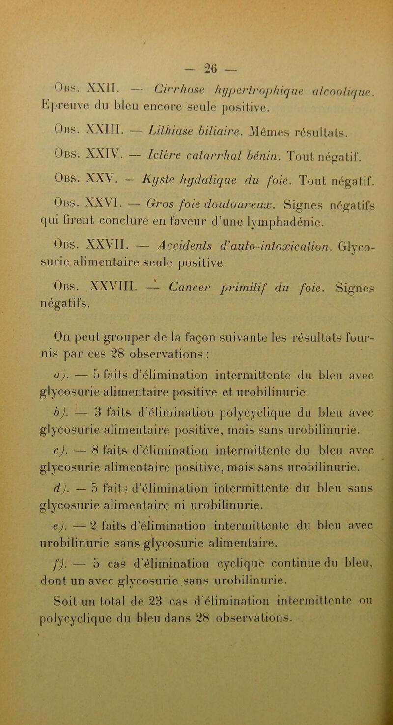<>bs. XXII. — Cirrhose hypertrophique alcoolique. Epreuve du bleu encore seule positive. Obs. XXIII. — Lithiase biliaire. Mêmes résultats. Obs. XXIV. — Ictère catarrhal bénin. Tout négatif. Obs. XXV. — Kyste hydatique du foie. Tout négatif. Obs. XXVI. — Gros foie douloureux. Signes négatifs qui tirent conclure en faveur d’une lymphadénie. Obs. XXVII. — Accidents d’auto-intoxication. Glyco- surie alimentaire seule positive. Obs. XXVIII. — Cancer primitif du foie. Signes négatifs. On peut grouper de la façon suivante les résultats four- nis par ces 28 observations: a) . — 5 faits d’élimination intermittente du bleu avec glycosurie alimentaire positive et urobilinurie. b) . — 3 faits d’élimination polycyclique du bleu avec glycosurie alimentaire positive, mais sans urobilinurie. c) . — 8 faits d’élimination intermittente du bleu avec glycosurie alimentaire positive, mais sans urobilinurie. d) . — 5 faits d’élimination intermittente du bleu sans glycosurie alimentaire ni urobilinurie. e) . —2 faits d’élimination intermittente du bleu avec urobilinurie sans glycosurie alimentaire. f) . — 5 cas d’élimination cyclique continue du bleu, dont un avec glycosurie sans urobilinurie. Soit un total de 23 cas d’élimination intermittente ou polycyclique du bleu dans 28 observations.