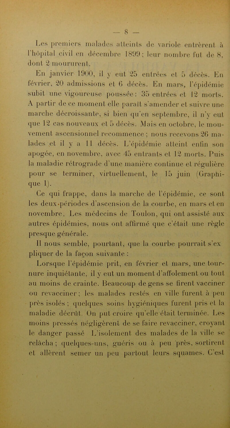 Los premiers malades atteints de variole entrèrent à l'hôpital civil en décembre 1899 ; leur nombre fut de 8, dont 2 moururent. En janvier 1900, il y eut 25 entrées et 5 décès. En lévrier, 20 admissions et (> décès. En mars, l’épidémie subit une vigoureuse poussée: 35 entrées et 12 morts. A partir de ce moment elle paraît s’amender et suivre une marche décroissante, si bien qu’en septembre, il n’y eut que 12 cas nouveaux et 5 décès. Mais en octobre, le mou- vement ascensionnel recommence; nous recevons 26 ma- lades et il y a 11 décès. L’épidémie atteint enfin son apogée, en novembre, avec 45 entrants et 12 morts. Puis la maladie rétrograde d’une manière continue et régulière pour se terminer, virtuellement, le 15 juin (Graphi- que 1). Ce qui frappe, dans la marche de l’épidémie, ce sont les deux-périodes d’ascension de la courbe, en mars et en novembre. Les médecins de Toulon, qui ont assisté aux autres épidémies, nous ont affirmé que c’était une règle presque générale. Il nous semble, pourtant, que la courbe pourrait s’ex pliquer de la façon suivante : Lorsque l'épidémie prit, en février et mars, une tour- nure inquiétante, il y eut un moment d’affolement ou tout au moins de crainte. Beaucoup de gens se firent vacciner ou revacciner; les malades restés en ville furent à peu près isolés ; quelques soins hygiéniques furent pris et la maladie décrût. On put croire qu’elle était terminée. Les moins pressés négligèrent de se faire revacciner, croyant le danger passé L’isolement des malades de la ville se relâcha ; quelques-uns, guéris ou à peu près, sortirent et allèrent semer un peu partout leurs squames. C’est I