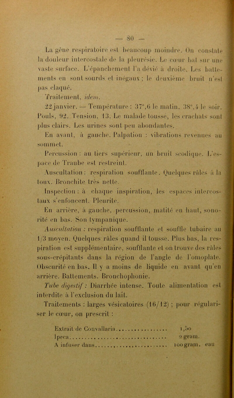 La gène respiratoire est l>eaucoii|> moindre. On constate la douleur intercostale de la pleurésie;. Le cœur bal sur une vaste surface. L’épanchement l’a. dévié à droite. Les batte- ments en sont sourds, et inégaux ; le deuxième bruit n’est pas claqué. Traitement, idem. ±± janvier. — Température : 07°,0 le matin, 08°,4 le soir. Pouls, 92. Tension, ld. Le malade tousse, les crachats sont plus clairs. Les urines sont peu abondantes. En avant, à gauche. Palpation : vibrations revenues au sommet. Percussion : au tiers supérieur, un bruit scodique. L'es- pace de Traube est restreint. Auscultation: respiration soufflante. Quelques râles à la toux. Bronchite très nette. Inspection : à chaque inspiration, les espaces intercos- taux s’enfoncent. Pieu rite. En arrière, à gauche, percussion, matité en liant, sono- rité en bas. Son tympanique. Auscultation : respiration soufflante et souffle tubaire au 1/3 moyen. Quelques râles quand il tousse. Plus bas, la res- piration est supplémentaire, soufflante et on trouve des râles sous-crépitants dans la région de l’angle de l’omoplate. Obscurité en bas. Il y a moins de liquide en avant qu'en arrière. Battements. Bronchophonie. Tube digestif: Diarrhée intense. Toute alimentation est interdite à l’exclusion du lait. Traitements : larges vésicatoires (16/12) ; pour régulari- ser le cœur, on prescrit : Extrait de Convallaria i,5o Ipéca 2 gram. A infuser dans îoogram. eau