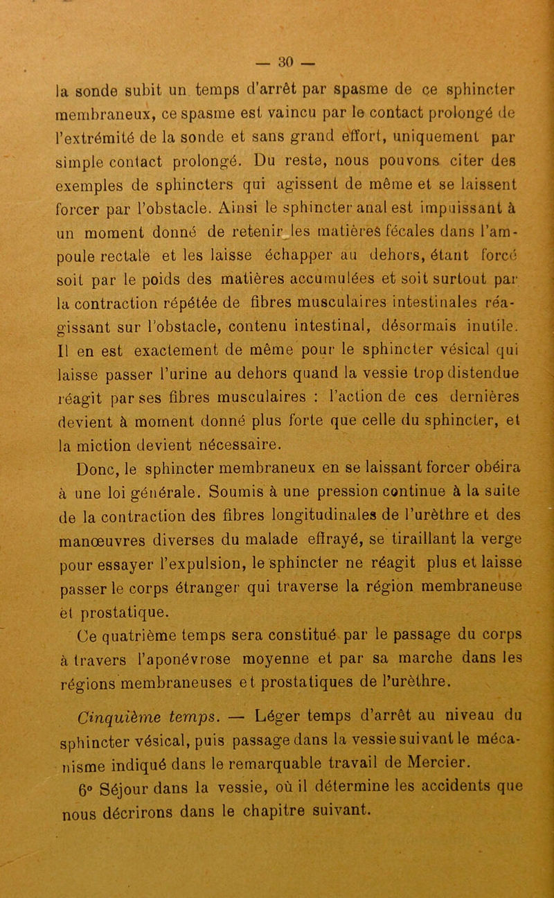 la sonde subit un temps d’arrêt par spasme de ce sphincter membraneux, ce spasme est vaincu par le contact prolongé de l’extrémité de la sonde et sans grand effort, uniquement par simple contact prolongé. Du resta, nous pouvons citer des exemples de sphincters qui agissent de même et se laissent forcer par l’obstacle. Ainsi le sphincter anal est impuissant à un moment donné de retenir les matières fécales dans l’am- poule rectale et les laisse échapper au dehors, étant forcé soit par le poids des matières accumulées et soit surtout par la contraction répétée de fibres musculaires intestinales réa- gissant sur l’obstacle, contenu intestinal, désormais inutile. Il en est exactement de même pour le sphincter vésical qui laisse passer l’urine au dehors quand la vessie trop distendue réagit par ses fibres musculaires : l’action de ces dernières devient à moment donné plus forte que celle du sphincter, et la miction devient nécessaire. Donc, le sphincter membraneux en se laissant forcer obéira à une loi générale. Soumis à une pression continue à la suite de la contraction des fibres longitudinales de l’urèthre et des manœuvres diverses du malade effrayé, se tiraillant la verge pour essayer l’expulsion, le sphincter ne réagit plus et laisse passer le corps étranger qui traverse la région membraneuse èt prostatique. Ce quatrième temps sera constitué par le passage du corps à travers l’aponévrose moyenne et par sa marche dans les régions membraneuses et prostatiques de l’urèthre. Cinquième temps. — Léger temps d’arrêt au niveau du sphincter vésical, puis passage dans la vessie suivant le méca- nisme indiqué dans le remarquable travail de Mercier. 6° Séjour dans la vessie, où il détermine les accidents que nous décrirons dans le chapitre suivant.