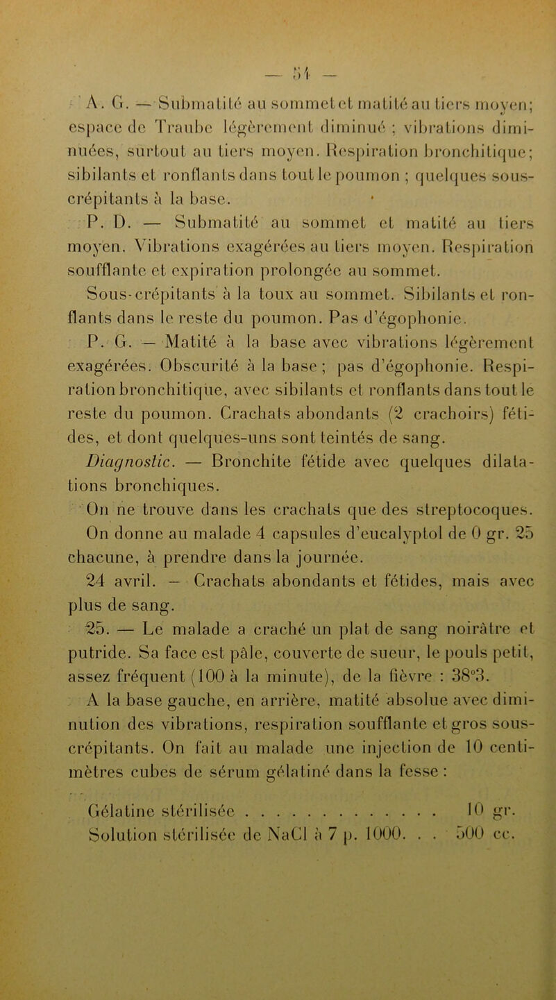 À. (1. — Submatité au sommetet malitêau tiers moyen; espace de Traube légèrement diminué; vibrations dimi- nuées, surtout au tiers moyen. Respiration bronchitique; sibilants et ronflants dans tout le poumon ; quelques sous- crépi tan ts à la base. P. D. — Submatité au sommet et matité au tiers moyen. Vibrations exagérées au tiers moyen. Respiration soufflante et expiration prolongée au sommet. Sous-crépitants à la toux au sommet. Sibilants et ron- flants dans le reste du poumon. Pas d’égophonie. P. G. — Matité à la base avec vibrations légèrement exagérées. Obscurité à la base; pas d’égophonie. Respi- ration bronchitique, avec sibilants et ronflants dans tout le reste du poumon. Crachats abondants (2 crachoirs) féti- des, et dont quelques-uns sont teintés de sang. Diagnostic. — Bronchite fétide avec quelques dilata- tions bronchiques. On ne trouve dans les crachats que des streptocoques. On donne au malade 4 capsules d’eucalyptol de 0 gr. 25 chacune, à prendre dans la journée. 24 avril. — Crachats abondants et fétides, mais avec plus de sang. 25. — Le malade a craché un plat de sang noirâtre et putride. Sa face est pâle, couverte de sueur, le pouls petit, assez fréquent (100 à la minute), de la fièvre : 38°3. A la base gauche, en arrière, matité absolue avec dimi- nution des vibrations, respiration soufflante et gros sous- crépitants. On fait au malade une injection de 10 centi- mètres cubes de sérum gélatiné dans la fesse : Gélatine stérilisée Solution stérilisée de NaCl à 7 p. 1000. . 10 gr O 500 ce.