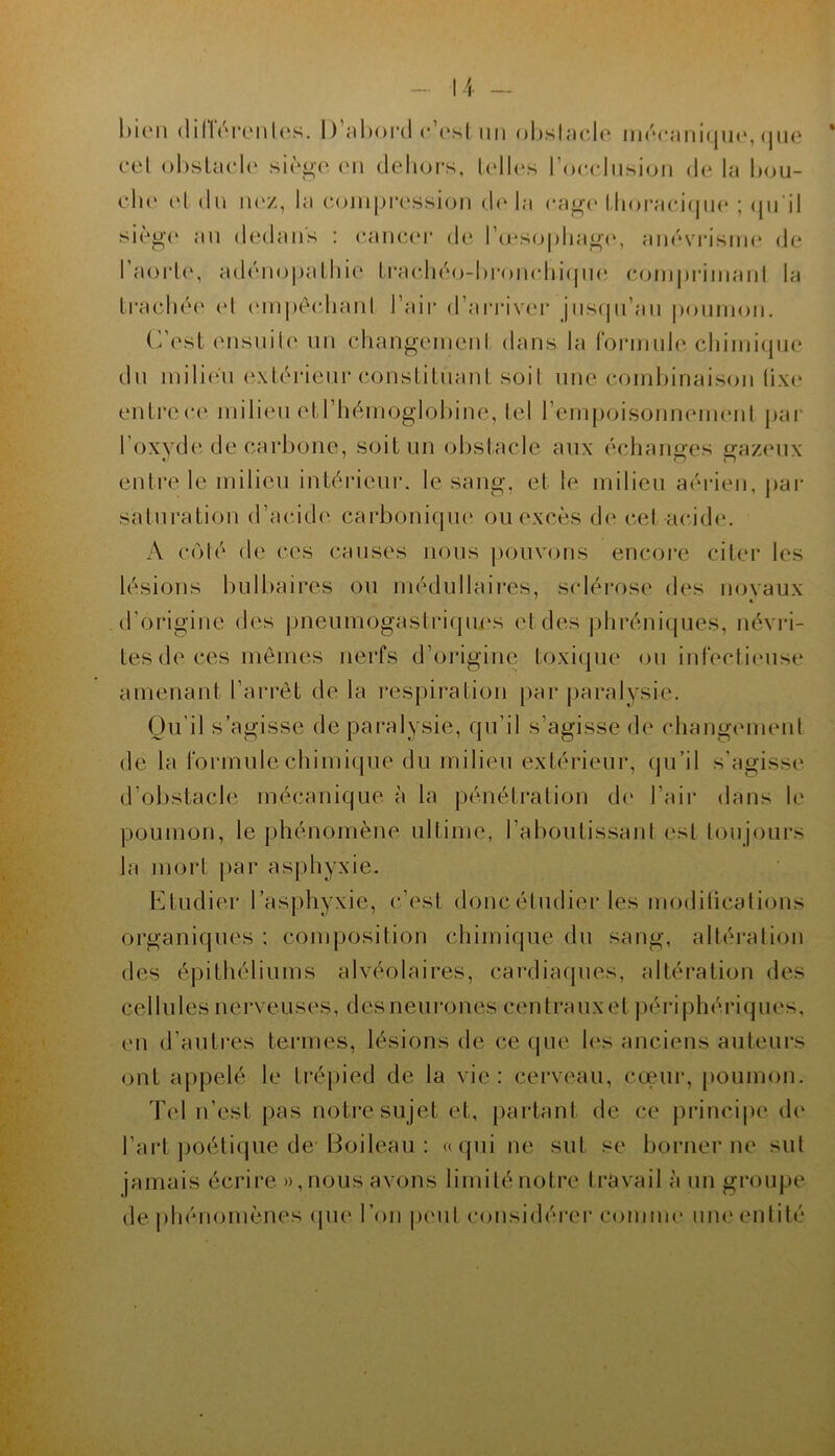 l)KMi (lillrronl(‘s. l)’al)or(l c’(‘sl im ol)shiclo iii('carii(jii(‘, (juc c-el ()l)sUu*l(‘ siàgo. en deli(jrs, l(>lles l’occlusion de la hou- cli(‘ (d dn iH'Z, la coinpi-ession d(‘la ca^a* l,horaci(|iie ; (jii'il sièg(‘ an dedans : canc(‘i- de r(eso|)liag(\ anévrisiin* de Taortc', adénopalhic' Li'achéo-l)i‘onchi(jne coin|)i’in)anl la IcacluM' (d (‘inpêchanl l’air d’anaver jiis(|n’an poninon. (Vest ensnite un changeinenl dans la fonnnle chimique du milieu exUdâcui'conslituauL soit une (•omhinaison lixe enlrcce milieu eld’hémoglohine, tel l’empoisonneim'nl pai l’oxyde de carbone, soit un obstacle aux écliano-es orazeux entre le milieu intérieur, le sang, et le milieu acd-ien, j)ar saturation d’acid(‘ carboniqiu' ou excès d( cel acide. A côlé de ces causes nous |)ouvons encore citei- les lésions bulbaires ou médidlaii'es, sidérose des noyaux d’origine des |)neumogastriqiu‘s et des jdiréniques, névia- tes de ces mômes nerfs d’origine toxique ou infectieuse amenant l’arrêt de la i*espiration par paralysie. Ou’il s’agisse de paralysie, qu’il s’agisse de changement de la formule chimique du milieu extérieur, qu’il s'agisse d’obstacle mécanique à la pénétration d(‘ l’air dans le poumon, le phénomène ultime, l’aboutissanl est toujours la mort j)ar asphyxie. Ixtudier l’asphyxie, c’est donc étudier les modilicaticjus organiques ; composition chimirpie du sang, altération des épithéliums alvéolaires, cardiaques, altération des cellules nerveuses, desneurones centrauxet péri|)héri(pies, (Ml d’auti‘es termes, lésions de ce que les anciens auteurs ont appelé le trépied de la vie: cerveau, C(]eur, [loumon. Tel n’est pas notre sujet et, partant de ce j)rinci|)e di‘ l’art jioétique de'Boileau : (cqui ne sut se borner ne sut jamais écrii'e )),nous avons limité notre travail à un groupe de jihénomènes (pu» l’on |)(Mi1 considérei' comme mu'(Milité