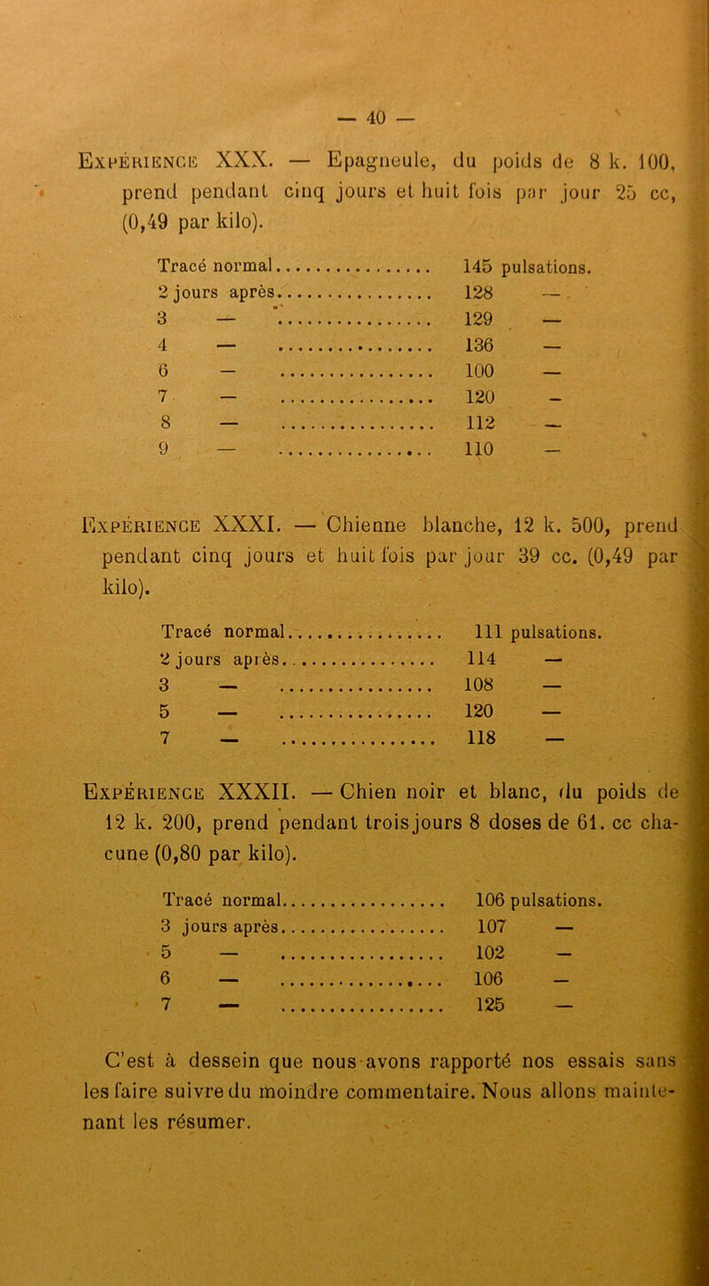 Expérience XXX. — Epagneule, du poids de 8 k. 100, prend pendant cinq jours et huit lois par jour 25 cc, (0,49 par kilo). Tracé normal 2 jours après. 3 — 4 — 6 - 1 — 8 — 9 — 145 pulsations. 128 —. 129 — 136 — 100 — 120 112 - 110 - / Expérience XXXI. — Chienne blanche, 12 k. 500, prend pendant cinq jours et huit fois par jour 39 cc. (0,49 par kilo). Tracé normal 111 pulsations. 2 jours après.. 114 — 3 — 108 — 5 — 120 — 7 — 118 — Expérience XXXII. — Chien noir et blanc, du poids de 12 k. 200, prend pendant trois jours 8 doses de 61. cc cha- cune (0,80 par kilo). Tracé normal 106 pulsations. 3 jours après 107 — 5 — 102 - 6 — 106 - 7 — 125 — C’est à dessein que nous avons rapporté nos essais sans les faire suivre du moindre commentaire. Nous allons mainte- nant les résumer.