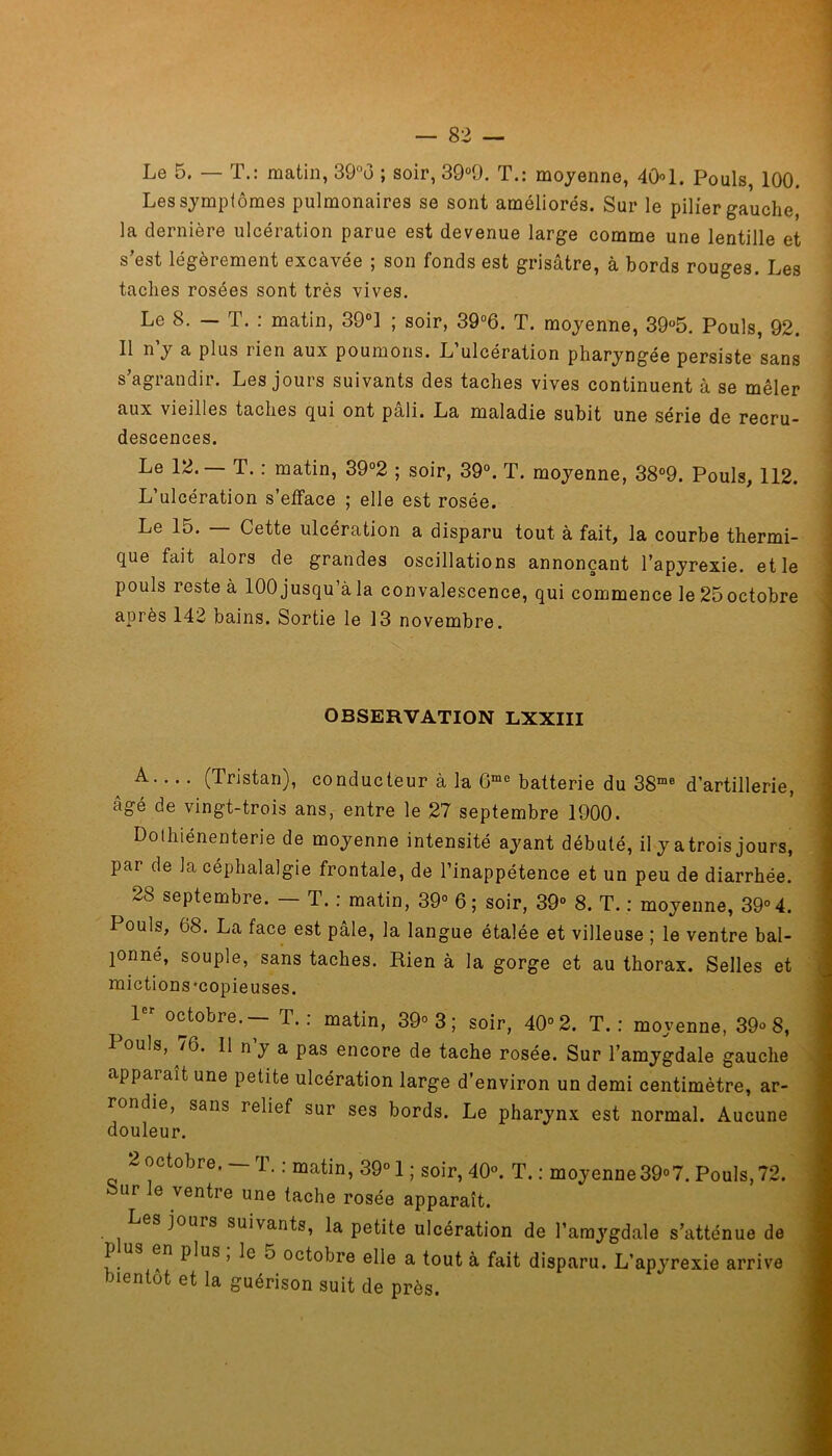 Le 5. — T.: matin, 39°o ; soir, 39°9. T.: moyenne, 40» 1. Pouls, 100. Les symptômes pulmonaires se sont améliorés. Sur le pilier gauche la dernière ulcération parue est devenue large comme une lentille et s’est légèrement excavée ; son fonds est grisâtre, à bords rouges. Les taches rosées sont très vives. Le 8. — T. : matin, 39°1 ; soir, 39°6. T. moyenne, 39°5. Pouls, 92. 11 ny a plus lien aux poumons. L ulcération pharyngée persiste sans s’agrandir. Les jours suivants des taches vives continuent à se mêler aux vieilles taches qui ont pâli. La maladie subit une série de recru- descences. Le 12.— T. : matin, 39°2 ; soir, 39°. T. moyenne, 38°9. Pouls, 112. L’ulcération s’efface ; elle est rosée. Le 15. — Cette ulcération a disparu tout à fait, la courbe thermi- que fait alors de grandes oscillations annonçant l’apyrexie. et le pouls reste à 100 jusqu’à la convalescence, qui commence le25octobre après 142 bains. Sortie le 13 novembre. OBSERVATION LXXIII A (Tristan), conducteur à la Gmc batterie du 38me d’artillerie, âgé de vingt-trois ans, entre le 27 septembre 1900. Dolhiénenterie de moyenne intensité ayant débuté, il y atrois jours, par de la céphalalgie frontale, de l’inappétence et un peu de diarrhée. 28 septembre. — T. : matin, 39° 6; soir, 39° 8. T. : moyenne, 39° 4. Pouls, 68. La face est pâle, la langue étalée et villeuse ; le ventre bal- lonné, souple, sans taches. Rien à la gorge et au thorax. Selles et mictions'copie uses. )1 °ctobre. T.: matin, 39° 3; soir, 40° 2. T.: moyenne, 39° 8, I ouïs, /6. 11 n y a pas encore de tache rosée. Sur l’amygdale gauche apparaît une petite ulcération large d’environ un demi centimètre, ar- rondie, sans relief sur ses bords. Le pharynx est normal. Aucune douleur. 2 octobre. 1. : matin, 39° 1 ; soir, 40°. T. : moyenne39°7. Pouls, 72. Sur le ventre une tache rosée apparaît. Les jouis suivants, la petite ulcération de l’amygdale s’atténue de I en plus , le o octobre elle a tout à fait disparu. L’apyrexie arrive bientôt et la guérison suit de près.