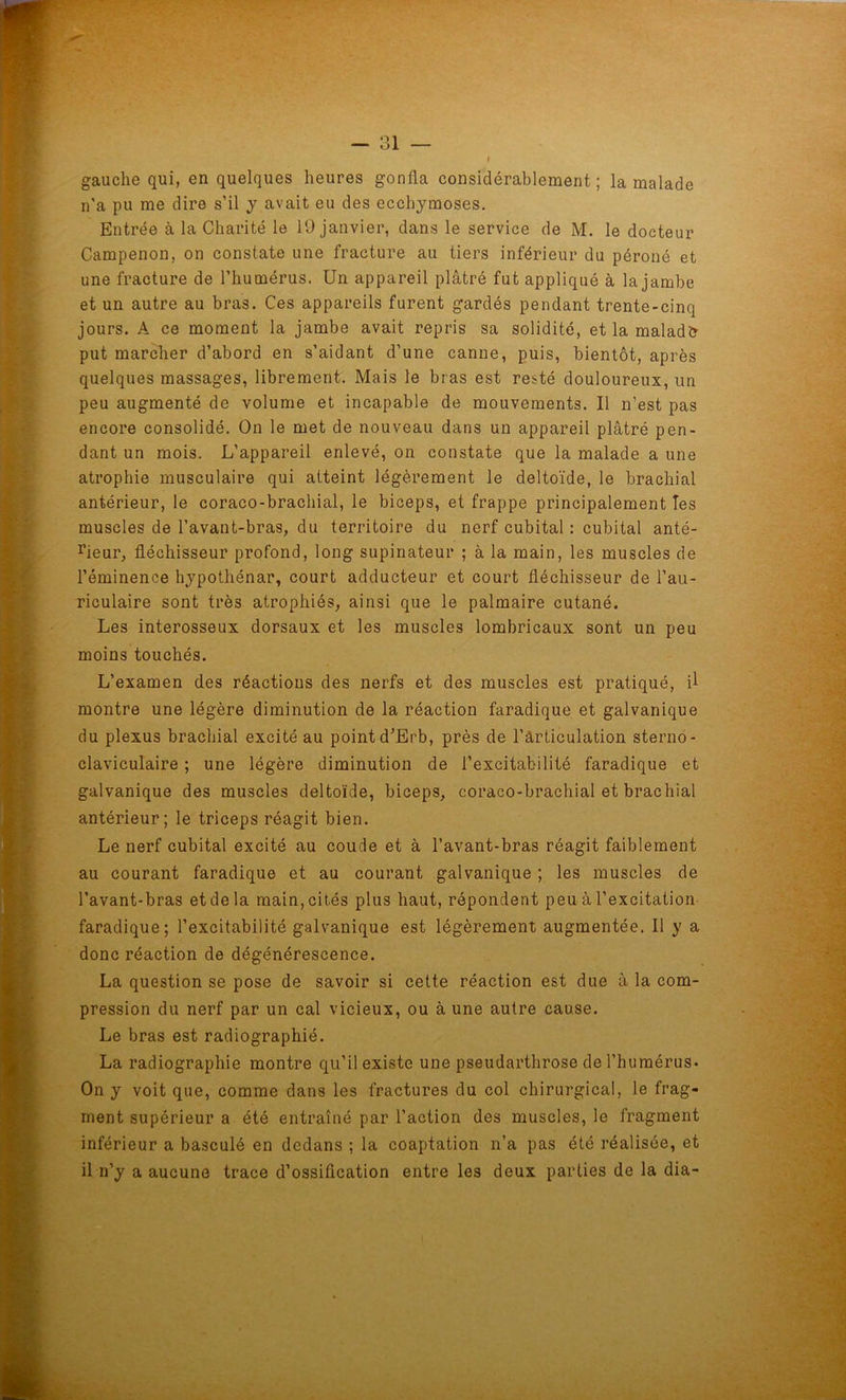 t gauche qui, en quelques heures gonfla considérablement; la malade n’a pu me dire s’il y avait eu des ecchymoses. Entrée à la Charité le 19 janvier, dans le service de M. le docteur Campenon, on constate une fracture au tiers inférieur du péroné et une fracture de l’humérus. Un appareil plâtré fut appliqué à la jambe et un autre au bras. Ces appareils furent gardés pendant trente-cinq jours. A ce moment la jambe avait repris sa solidité, et la maladb put marcher d’abord en s’aidant d’une canne, puis, bientôt, après quelques massages, librement. Mais le bras est resté douloureux, un peu augmenté de volume et incapable de mouvements. Il n’est pas encore consolidé. On le met de nouveau dans un appareil plâtré pen- dant un mois. L’appareil enlevé, on constate que la malade a une atrophie musculaire qui atteint légèrement le deltoïde, le brachial antérieur, le coraco-brachial, le biceps, et frappe principalement Tes muscles de l’avant-bras, du territoire du nerf cubital : cubital anté- rieur, fléchisseur profond, long supinateur ; à la main, les muscles de l’éminence hypothénar, court adducteur et court fléchisseur de l’au- riculaire sont très atrophiés, ainsi que le palmaire cutané. Les interosseux dorsaux et les muscles lombricaux sont un peu moins touchés. L’examen des réactions des nerfs et des muscles est pratiqué, il montre une légère diminution de la réaction faradique et galvanique du plexus brachial excité au pointd’Erb, près de l’ârticulation sterno- claviculaire ; une légère diminution de l’excitabilité faradique et galvanique des muscles deltoïde, biceps, coraco-brachial et brachial antérieur; le triceps réagit bien. Le nerf cubital excité au coude et à l’avant-bras réagit faiblement au courant faradique et au courant galvanique ; les muscles de l’avant-bras et de la main, cités plus haut, répondent peu à l’excitation faradique; l’excitabilité galvanique est légèrement augmentée. Il y a donc réaction de dégénérescence. La question se pose de savoir si cette réaction est due à la com- pression du nerf par un cal vicieux, ou à une autre cause. Le bras est radiographié. La radiographie montre qu’il existe une pseudarthrose de l’humérus. On y voit que, comme dans les fractures du col chirurgical, le frag- ment supérieur a été entraîné par l’action des muscles, le fragment inférieur a basculé en dedans ; la coaptation n’a pas été réalisée, et il n’y a aucune trace d’ossifleation entre les deux parties de la dia-