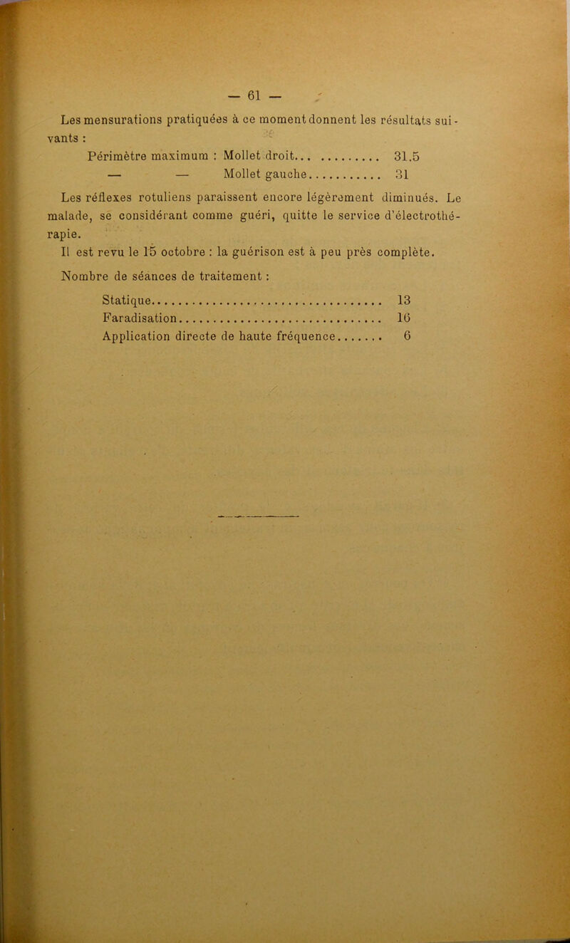 Les mensurations pratiquées à ce moment donnent les résultats sui- vants : Périmètre maximum : Mollet droit 31.5 — — Mollet gauche 31 Les réflexes rotuliens paraissent encore légèrement diminués. Le malade, se considérant comme guéri, quitte le service d'électrothé- rapie. Il est revu le 15 octobre : la guérison est à peu près complète. Nombre de séances de traitement : Statique 13 Faradisation 10