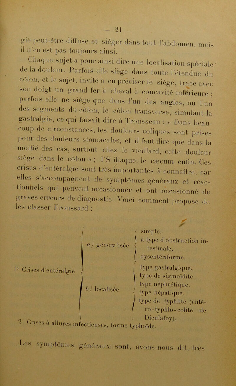 gie peut-être diffuse et siéger dans tout rahdomen, mais il n’en est pas toujours ainsi. Chaque sujet a pour ainsi dire une localisation spéciale delà douleur. Parlois elle siège dans toute l’étendue du colon, et le sujet, invité à en préciser le siège, trace avec son doigt un grand fer à cheval à concavité inférieure ; parfois elle ne siège que dans l’un des angles, ou l’un des segments du colon, le côlon transverse, simulant la gastralgie, ce qui faisait dire à Trousseau : « Dans beau- coup de circonstances, les, douleurs coliques sont prises pour des douleurs stomacales, et il faut dire que dans la moitié des cas, surtout chez le vieillard, cette douleur siège dans le côlon . ; l’S iliaque, le cæcum enfin. Ces crises d entéralgie sont très fmportantes à connaître, car elles s accompagnent de symptômes généraux et réac- tionnels qui peuvent occasionner et ont occasionné de graves erreurs de diagnostic. Voici comment projiose de les classer Froussard : / / 1° Crises d entéralgie a J généralisée simple. à type d’obstruction in- testinale, dysentériforme. type gastralgique, type de sigmoïdite. type néphrétique, type hépatique, type de typhlite (enté- ro-typhlo-colite de ^ , . Dieulafoy). - (crises a allures infectieuses, forme typhoïde. I.cs syiiiplêmtw géiiér-iiiix sont, avons-nous dil, Ivès b J localisée