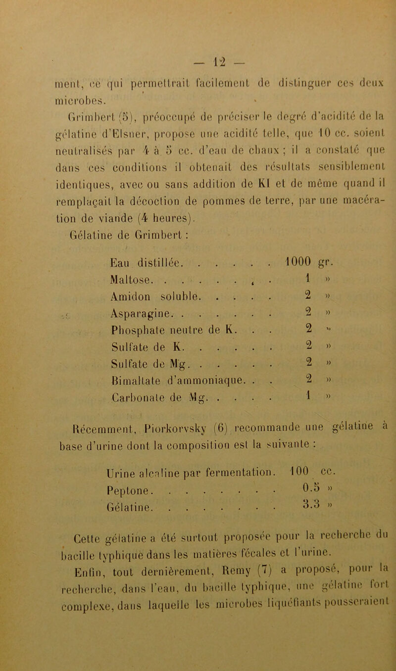 1^2 - meut, (ic qui permotlrciit facilomcnt de distinguer ces deux f mici’obes. (iriml)ert (S), préoccupé de précis(u“ le degi’é d’acidité de la gélatine d’KIsner, propose une; acidité telle, que 10 cc. soient neutralisés |)ar 4 à 5 cc. d’eau de cliaiix ; il a constaté que dans ces conditions il obtenait des l'ésultats sensiblement identiques, avec ou sans addition de Kl et de même quand il remplaçait la décoction de pommes de terre, par une macéra- tion de viande (4 heures). Gélatine de Grimbert : Eau distillée. Maltose Amidon soluble. Asparagine. . Phosphate neutre de K Su lia te de K. Sulfate de Mg, . Bimaltate d’ammoniaque. Carbonate de iVîg. . 1000 gr 1 » 2 2 2 2 2 2 1 Récemment, F^iorkorvsky (6) recommande une gélatine à base d’urine dont la composition est la suivante : Urine alcaline par fermentation. 100 cc. Peptone 0.5 » Gélatine Cette gélatine a été surtout proposée pour la recherche du bacille typhique dans les matières fécales et l’urine. Enfin, tout dernièrement, Remy (7) a proposé, pour la recherche, dans l’eau, du bacille typhique, une gélatine fort complexe, dans laquelle les microbes liquéfiants pousseraient