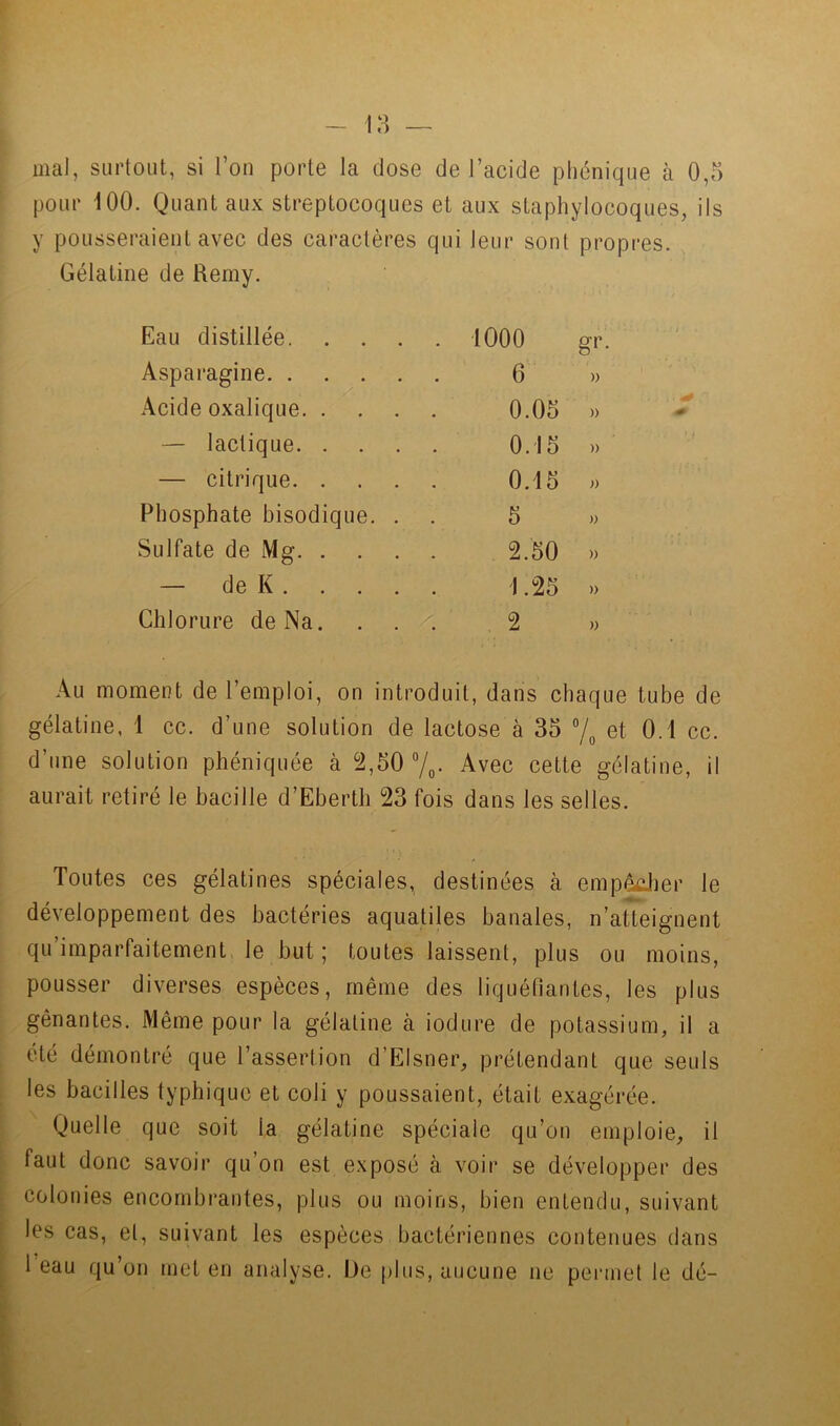 mal, surtout, si Ton porte la dose de l’acide phénique à 0,5 pour 100. Quant aux streptocoques et aux staphylocoques, ils y pousseraient avec des caractères qui leur sont propres. Gélatine de Remy. Eau distillée 1000 gr Aspai’agine. . . . 6 » Acide oxalique 0.05 » — lactique 0.15 » — citrique 0.15 » Phosphate bisodique. . 5 )) Sulfate de Mg 2.50 » — de K 1.25 » Chlorure de Na. 2 » Au moment de l’emploi, on introduit, dans chaque tube de gélatine, 1 cc. d’une solution de lactose à 35 7o et 0.1 cc. d’une solution phéniquée à 2,50 %. Avec cette gélatine, il aurait retiré le bacille d’Eberth 23 fois dans les selles. Toutes ces gélatines spéciales, destinées à empédier le développement des bactéries aquatiles banales, n’atteignent qu’imparfaitement le but; toutes laissent, plus ou moins, pousser diverses espèces, même des liquéfiantes, les plus gênantes. Même pour la gélatine à iodure de potassium, il a été démontré que l’assertion d’Elsner, prétendant que seuls les bacilles typhique et coli y poussaient, était exagérée. Quelle que soit la gélatine spéciale qu’on emploie, il faut donc savoir qu’on est exposé à voir se développer des colonies encombrantes, plus ou moins, bien entendu, suivant les cas, et, suivant les espèces bactériennes contenues dans I eau qu’on met en analyse. De plus, aucune ne permet le dé-