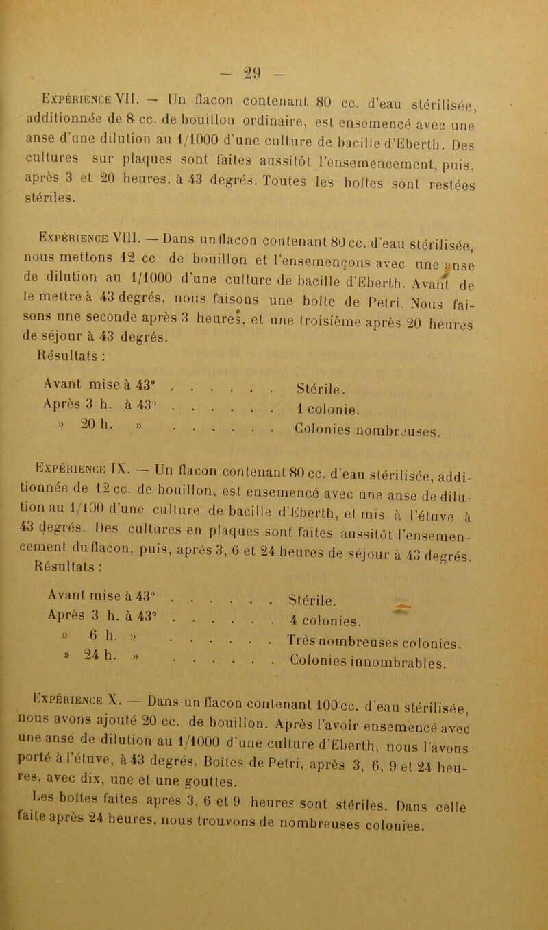 Expérience VII. — Un flacon contenant 80 cc. d’eau stérilisée, additionnée de 8 cc. de bouillon ordinaire, est ensemencé avec une anse d’une dilution au 1/1000 d’une culture de bacille d’Eberth. Des cultures sur plaques sont faites aussitôt l’ensemencement, puis, après 3 et 20 heures, à 43 degrés. Toutes les boîtes sont restées stériles. Expérience VllI. — Dans un flacon contenant 80 cc. d’eau stérilisée, nous mettons 12 cc. de bouillon et l’ensemençons avec une ÿnse de dilution au 1/1000 d’une culture de bacille d’Eberth. Avani de le mettre à 43 degrés, nous faisons une boîte de Pétri. Nous fai- sons une seconde après 3 heures, et une troisième après 20 heures de séjour à 43 degrés. Résultats : Avant mise à 43“ Stérile. Après 3 h. à 43“ 1 colonie. ” h. » ...... Colonies nombreuses. Expérience IX. - Un flacon contenant 80 cc. d’eau stérilisée, addi- tionnée de 12 cc. de bouillon, est ensemencé avec une anse de dilu- tion au l/lOO d’une culture de bacille d’.Eberth, et mis à l’étuve à 43 degrés. Des cultures en plaques sont faites aussitôt l’ensemen- cement du flacon, puis, après 3, 6 et 24 heures de .séjour à 43 de^-rés Résultats : ’ Avant mise à 43“ Après 3 h. à 43“ » 6 h. » » 24 h. » Stérile. ^ 4 colonies. Très nombreuses colonies. Colonies innombrables. Expérience X. — Dans un flacon contenant 100cc. d’eau stérilisée nous avons ajouté 20 cc. de bouillon. Après ravoir ensem'eucé av!; une anse de dilution au 1/1000 d’une culture d’Eberth, nous l’avons porté à l’étuve, à 43 degrés. Boîtes de Pétri, après 3, 6, 9 et 24 heu- res, avec dix, une et une gouttes. Les boites faites après 3, 6 et 9 heures sont stériles. Dans celle Rite après 24 heui es, nous trouvons de nombreuses colonies.