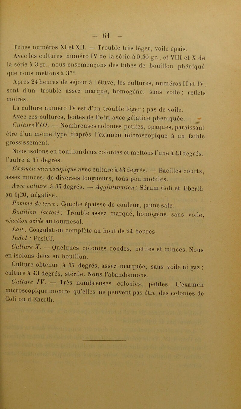 Tubes numéros XI et XII. — Trouble très léger, voile épais. Avec les cultures numéro IV de la série à 0,30 gr., et VIII et X de la série à 3 gr., nous ensemençons des tubes de bouillon phéniqué que nous mettons à 3'^°. Après 24 heures de séjour à l’étuve, les cultures, numéros II et IV, sont d’un trouble assez marqué, homogène, sans voile ; reflets moirés. La culture numéro IV est d’un trouble léger ; pas de voile. Avec ces cultures, boîtes de Pétri avec gélatine phéniquée. CuUureVIII. Nombreuses colonies petites, opaques, paraissant être d’un même type d’après l’examen microscopique à un faible grossissement. Nous isolons en bouillondeux colonies et mettons l'une à 43 degrés, l’autre à 37 degrés. Examen mîcroscopîçwe avec culture à43 degrés. — Bacilles courts, assez minces, de diverses longueurs, tous peu mobiles. Avec culture à 37 degrés. — Agglutination : Sérum Goli et Eberth au IjSO, négative. Pomme de terre : Couche épaisse de couleur, jaune sale. Bouillon lactosé: Trouble assez marqué, homogène, sans voile, réaction acide au tournesol. Lait : Coagulation complète au bout de 24 heures. Indol : Positif. Culture X. — Quelques colonies rondes, petites et minces. Nous en isolons deux en bouillon. Culture obtenue à 37 degrés, assez marquée, sans voile ni gaz ; culture à 43 degrés, stérile. Nous l’abandonnons. Culture IV. ■— Très nombreuses colonies, petites. L’examen microscopique montre qu’elles ne peuvent pas être des colonies de Côli ou d’Eberth.