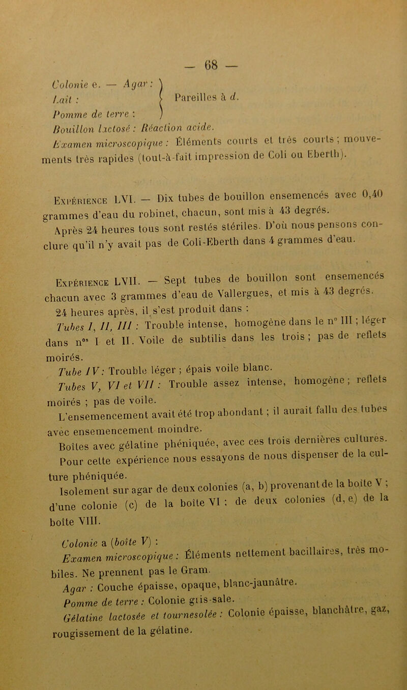 \Treilles à d. Colonie e. — A gai' Lail : Pomme de terre ; Bouillon lactosé : Réaction acide. t'xamen microscopique : Éléments courts et très courts ; mouve- ments très rapides (toul-à-fait impression de Coli ou liberUi). Expérience LVI. - Dix tubes de bouillon ensemencés avec 0,40 grammes d’eau du robinet, chacun, sont mis à 43 degrés. Après 24 heures tous sont restés stériles. D’où nous pensons con- clure qu’il n’y avait pas de Coli-Eberth dans 4 grammes d’eau. Expérience LVII. - Sept tubes de bouillon sont ensemencés chacun avec 3 grammes d’eau de Vallergues, et mis à 43 degres. 24 heures après, il s’est produit dans . Tubes 7, 11, III ■ Trouble intense, homogène dans le n lll ; léger dans n“* I et II. Voile de subtilis dans les trois; pas de reflets moirés. Tube IV: Trouble léger ; épais voile blanc. Tubes V, VI et VU : Trouble assez intense, homogène ; reflets moirés ; pas de voile. i L’ensemencement avait été trop abondant ; il aurait fallu des tubes avec ensemencement moindre. Boites avec gélatine phéniquée, avec ces trois dernières cultures. Pour cette expérience nous essayons de nous dispenser de la eu - ture phéniquée. u Isolement sur agar de deux colonies (a, b) provenant de la boite V , d’une colonie (c) de la boite VI ; de deux colonies (d, e) de la boîte VIII. Colonie a [boîte V) \ , . . . Examen microscopique: Éléments nettement bacillaires, très mo- biles. Ne prennent pas le Gram. Agar : Couche épaisse, opaque, blanc-jaunâtre. Pomme de terre : Colonie giis-sale. Eélaline laclosée et tournesolée : Colonie épaisse, blanchâtre, gaz, rougissement de la gélatine.