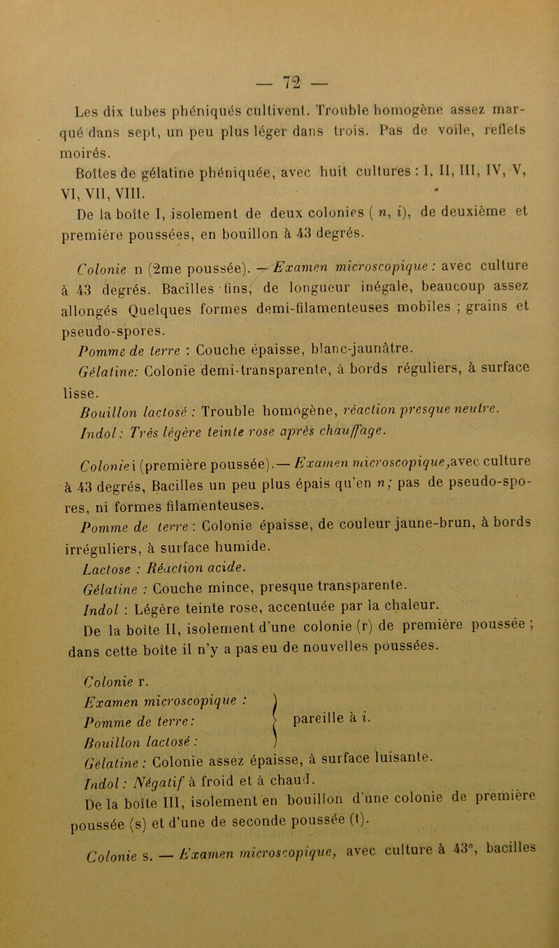 n Les dix lubes phéniqués cultivent. Trouble homogène assez mar- qué dans sept, un peu plus léger dans trois. Pas de voile, reflets moirés. Boîtes de gélatine phéniquée, avec huit cultures : 1. II, III, IV, V, VI, VII, VIII. De la boîte I, isolement de deux colonies ( n, i), de deuxième et première poussées, en bouillon à 43 degrés. Colonie n (“2me poussée). — Examen microscopique : avec culture à 43 degrés. Bacilles'tins, de longueur inégale, beaucoup assez allongés Quelques formes demi-filamenteuses mobiles ; grains et pseudo-spores. Pomme de terre ; Couche épaisse, blanc-jaunâtre. Gélatine: Colonie demi-transparente, à bords réguliers, à surface lisse. Bouillon lactosé : Trouble homogène, réaction presque neutre. Jndol: Très légère teinte rose après chauffage. Coloniei (première poussée).— Examen microscopique,avec, culture à 43 degrés, Bacilles un peu plus épais qu’en n; pas de pseudo-spo- res, ni formes filamenteuses. Pomme de terre : Colonie épaisse, de couleur jaune-brun, à bords irréguliers, à surface humide. Lactose : Réaction acide. Gélatine : Couche mince, presque transparente. Indol : Légère teinte rose, accentuée par la chaleur. De la boîte II, isolement d’une colonie (r) de première poussée ; dans cette boîte il n’y a pas eu de nouvelles poussées. Colonie r. Examen microscopique : ) Pomme de terre: | pareille à i. Bouillon lactosé : ) Gélatine: Colonie assez épaisse, à surface luisante. Indol : Négatif k ko\d el k chaud. De la boîte III, isolement en bouillon d une colonie de première poussée (s) et d’une de seconde poussée (t). Colonie s. — Examen microscopique, avec culture à 43, bacille^