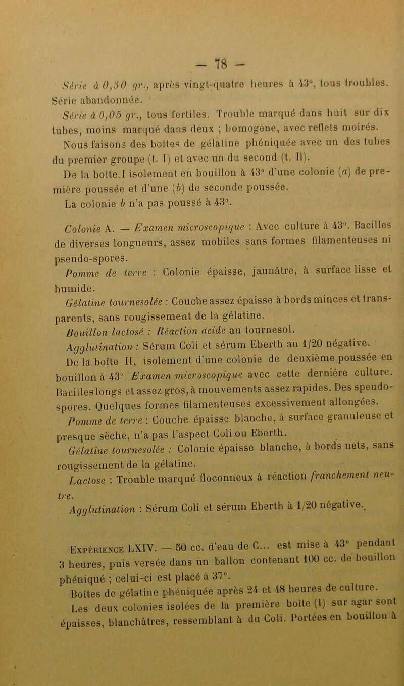 Série à 0,30 gr., après vingl-qualre heures à ■43'^, tous troubles. Série abandonnée. > Série à 0,05 gr., tous fertiles. Trouble marqué dans huit sur dix tubes, moins marqué dans deux ; homogène, avec reflets moirés. Nous faisons des boîtes de gélatine phéniquée avec un des tubes du premier groupe (t. I) et avec un du second (t. II). De la boite.I isolement en bouillon à 43“ d’une colonie (a) de pre- mière poussée et d’une {b) de seconde poussée. La colonie b n’a pas poussé à 43”. Colonie A. — Examen microscopique : Avec culture à 43“. Bacilles de diverses longueurs, assez mobiles sans formes filamenteuses ni pseudo-spores. Pomme de terre : Colonie épaisse, jaunâtre, à surface lisse et humide. Gélatine tournesolée : Couche assez épaisse à bords minces et trans- parents, sans rougissement de la gélatine. Bouillon lactose : Réaction acide au tournesol. Agglutination : Sérum Coli et sérum Eberth au 1/20 négative. De la boîte II, isolement d’une colonie de deuxième poussée en homWon k Examen microscopique divec cette dernière culture. Bacilleslongs et assez gros, à mouvements assez rapides. Des speudo- spores. Quelques formes fdamenteuses excessivement allongées. Pomme de terre ; Couche épaisse blanche, à surface granuleuse et presque sèche, n’a pas 1 aspect Coli ou Eberth. Gélatine tournesolée : Colonie épaisse blanche, à bords nets, sans rougissement de la gélatine. Lactose : Trouble marqué floconneux à réaction franchement neu- tvc» Agglutination : Sérum Coli et sérum Eberth à 1/20 négative. Expérience LXIV. — 50 cc. d’eau de C... est mise à 43“ pendant 3 heures, puis versée dans un ballon contenant 100 cc. de bouillon phéniqué ; celui-ci est placé à 37“. Boîtes de gélatine phéniquée après 24 et 48 heures de culture. Les deux colonies isolées de la première boite (1) sur agar sont épaisses, blanchâtres, ressemblant â du Coli. Portées en bouvUon à