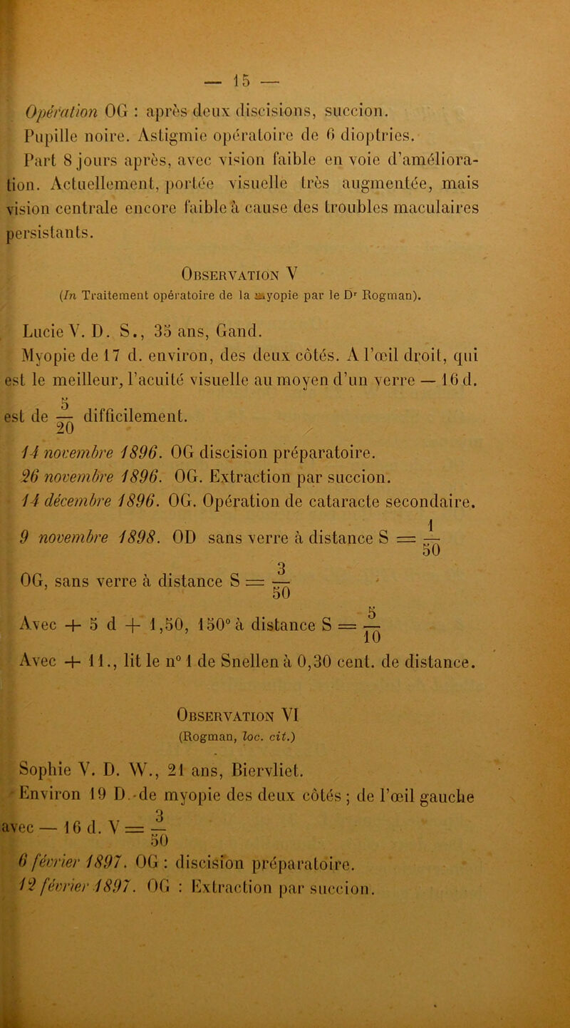 Opération OG : après deux décisions, succion. Pupille noire. Astigmie opératoire de 6 dioptries. Part 8 jours après, avec vision faible en voie d’améliora- tion. Actuellement, portée visuelle très augmentée, mais vision centrale encore faible à cause des troubles maculaires persistants. Observation V (In Traitement opératoire de la ruyopie par le Dr Rogman). Lucie Y. D. S., 35 ans, Gand. Myopie de 17 d. environ, des deux côtés. A l’œil droit, qui est le meilleur, l’acuité visuelle au moyen d’un verre — 16 d. M 0 est de — difficilement. 20 14 novembre 1896. OG discision préparatoire. % novembre 1896. OG. Extraction par succion. 14 décembre 1896. OG. Opération de cataracte secondaire. 9 novembre 1898. OD sans verre à distance S = — 50 3 OG, sans verre à distance S == — Avec + 5 d -f 1,50, 150° à distance S = ~ 10 Avec ■+■ 11., lit le n° 1 de Snellen à 0,30 cent, de distance. Observation VI (Rogman, loc. cit.) Sophie Y. D. W., 21 ans, Biervliet. ' Environ 19 D.-de myopie des deux côtés ; de l’œil gauche avec — 16 d. Y = — 50 6 février 1897. OG : discision préparatoire. 1 $ février 1897. OG : Extraction par succion.