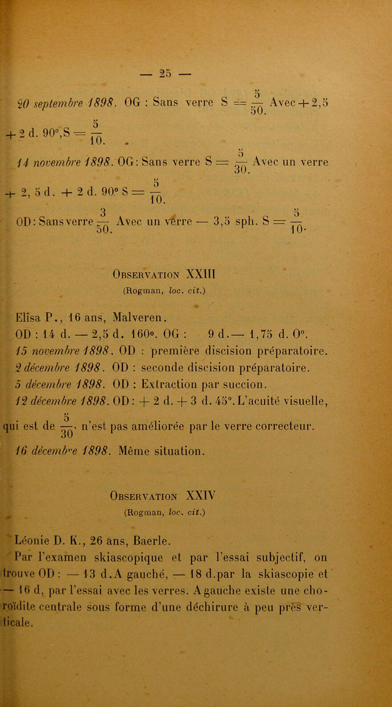 5 W septembre 1898. OG : Sans verre S = — Avec+ 2,5 5 4- 2 d. 90°,S — 10. 14 novembre 1898. OG: Sans verre S = — Avec un verre O U • 4- 2, 5d. + 2 d. 90° S = 10. 3 5 OD: Sans verre — Avec un verre — 3,5 sph. S — — o0. 10- Observation XXIII (Rogtnan, loc. cit.) •*! ElisaP., 16 ans, Malveren. OD: 14 d. — 2,5 d. 160«. OG : 9d.— 1,75 d. 0°. 15 novembre 1898. OD : première discision préparatoire. 2décembre 1898. OD : seconde discision préparatoire. 5 décembre 1898. OD : Extraction par succion. 12 décembre 1898. OD : -f 2 d. -f- 3 d. 45°. L’acuité visuelle, 5 qui est de —, n’est pas améliorée par le verre correcteur. O U 16 décembre 1898. Même situation. ' Observation XXIV (Rogman, loc. cit.) v • ' . « Léonie D. K., 26 ans, Baerle. Par l’examen skiascopique et par l’essai subjectif, on trouve OD : — 13 d.A gauche, — 18 d.par la skiascopie et — 16 d, par l’essai avec les verres. A gauche existe une cho- roïdite centrale sous forme d’une déchirure à peu près ver- ticale. v