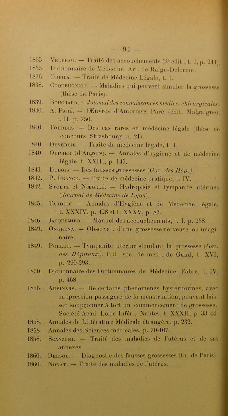 — 91 1835. 1835. 1836. 1838. 1839. 1840. 1840. 1840. 1840. 1841. 1842. 1842. 1845. 1846. 1849. 1849. 1850. 1856. 1858. 1858. 1858. 1860. 1860. Velpeau. — Traité des accouchements (2e edit., t. 1, p. 244). Dictionnaire de Médecine. Art. de Haige-Delorme. O a fila — Traité de Médecine Légale, t. I. Coqueugniot. — Maladies qui peuvent simuler la grossesse (thèse de Paris). Bouchard. — Journal des connaissances médico-chirurgicales. A. Paré. — Œuvres d’Ambroise Paré (édit. Malgaigne), t. II, p. 750. Bourdes. — Des cas rares en médecine légale (thèse de concours, Strasbourg, p. 21). Devergje. — Traité de médecine légale, t. I. Olivier (d’Angers). — Annales d’hygiène et de médecine légale, t. XXIII, p. 145. Dubois. — Des fausses grossesses [Gaz. des Hop.). P. Franck. — Traité de médecine pratique, t. IV. Stoltz et Noegélé. — Hydropisie et tympanite utérines [Journal de Médecine de Lyon). Tardieu. — Annales d’Hygiène et de Médecine légale, t. XXXIV, p. 428 et t. XXXV, p. 83. Jagquemier. — Manuel des accouchements, t. I, p. 238. Onghena. — Observât, d’une grossesse nerveuse ou imagi- naire. Pollet. — Tympanite utérine simulant la grossesse [Gaz. des Hôpitaux). Bul. soc. de méd., de Gand, t. XVI, p. 290-293. Dictionnaire des Dictionnaires de Médecine. Fabre, t. IV, p. 468. Aubinars. — De certains phénomènes hystériformes, avec suppression passagère de la menstruation, pouvant lais- ser soupçonner à tort un commencement de grossesse. Société Acad. Loire-Infér., Nantes, t. XXXII, p. 33-44. Annales de Littérature Médicale étrangère, p. 232. Annales des Sciences médicales, p. 70-107. Scanzoni. — Traité des maladies de l’utérus et de ses annexes. Delsol. — Diagnostic des fausses grossesses (th. de Paris). Nonat. — Traité des maladies de l'utérus.