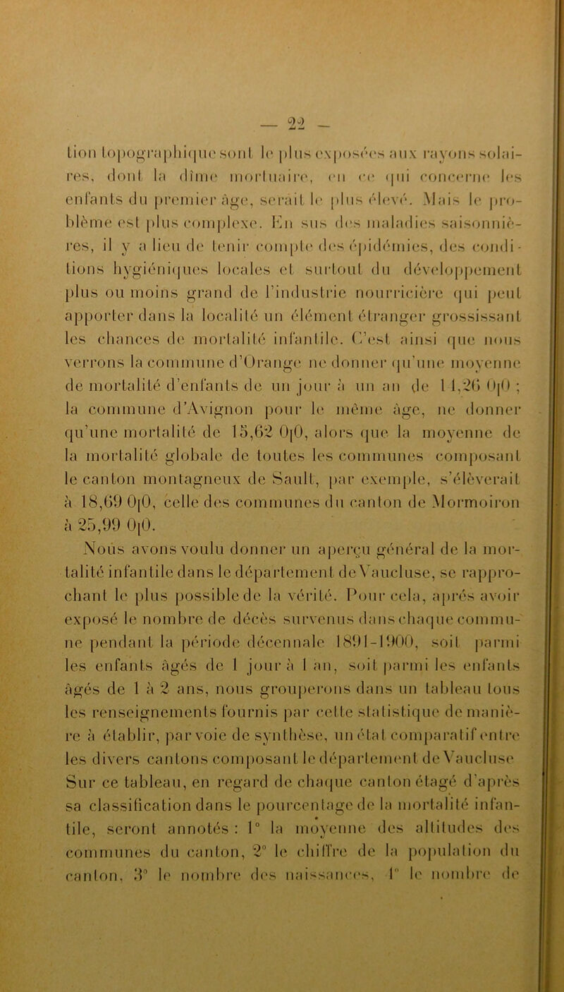 lion topographique sont le plus exposées aux rayons solai- res, dont la dîme mortuaire, en ce qui concerne les enfants du premier âge, serait le [dus élevé. Mais le pro- blème est plus complexe. En sus des maladies saisonniè- res, il y a lieu de tenir compte des épidémies, des condi- tions hygiéniques locales et surtout du développement plus ou moins grand de l’industrie nourricière qui peut apporter dans la localité un élément étranger grossissant les chances de mortalité infantile. C’est ainsi que nous verrons la commune d’Orange ne donner qu’une moyenne de mortalité d’enfants de un jour à un an de 1 1,20 0|0 ; la commune d’Avignon pour le même âge, ne donner qu’une mortalité de 15,62 0[0, alors que la moyenne de la mortalité globale de toutes les communes composant le canton montagneux de Sault, par exemple, s’élèverait à 18,69 OjO, celle des communes du canton de Mormoiron à 25,99 0|0. Nous avons voulu donner un aperçu général de la mor- talité infantile dans le département de Vaucluse, se rappro- chant le plus possible de la vérité. Pour cela, après avoir exposé le nombre de décès survenus dans chaque commu- ne pendant la période décennale 1891-1900, soit parmi les enfants âgés de l jour à 1 an, soit parmi les enfants âgés de 1 à 2 ans, nous grouperons dans un tableau tous les renseignements fournis par cette statistique de maniè- re à établir, par voie de synthèse, un état comparatif entre les divers cantons composant le département de Vaucluse Sur ce tableau, en regard de chaque canton étagé d’après tile, seront annotés : 1° la moyenne des altitudes des communes du canton, 2° le chiffre de la population du