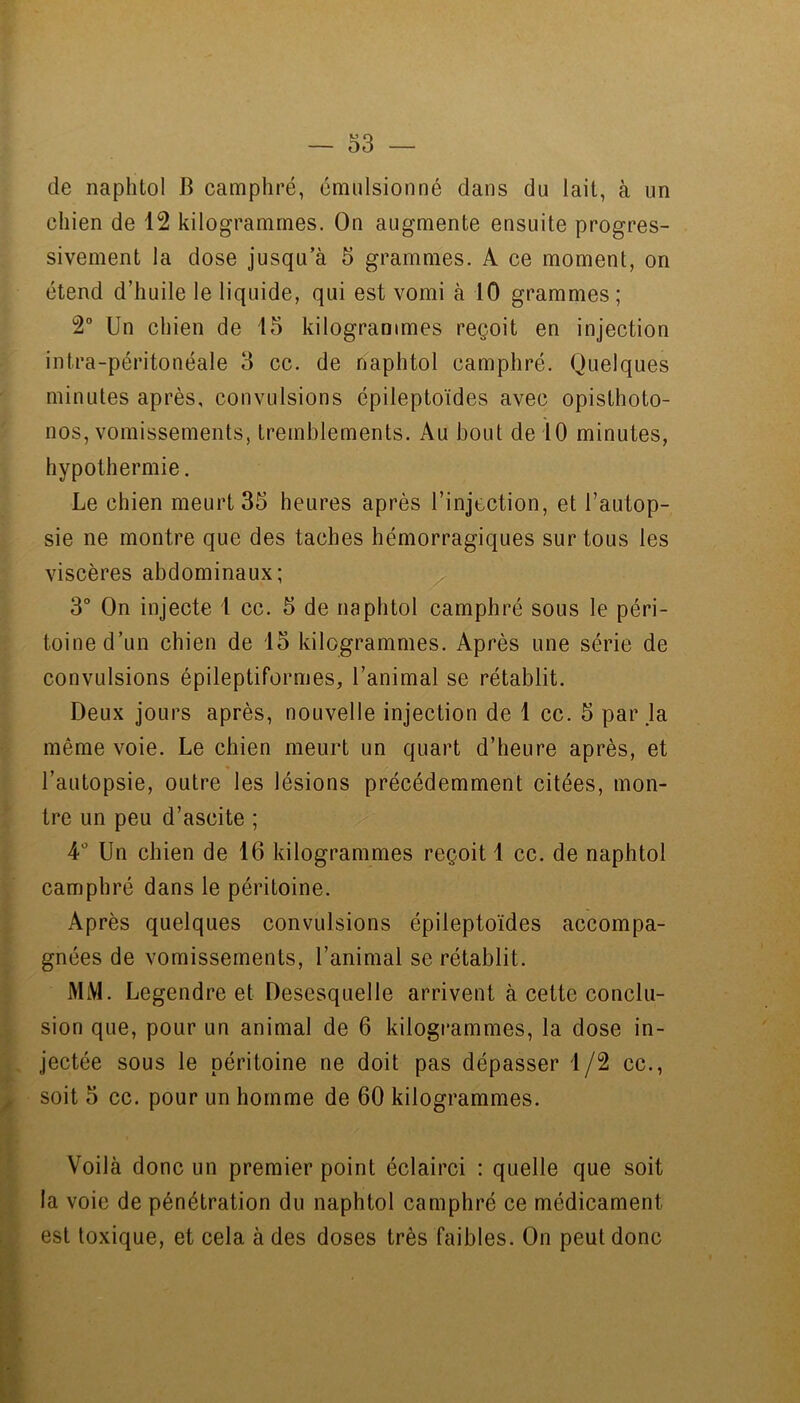 de naphtol B camphré, émulsionné dans du lait, à un chien de 12 kilogrammes. On augmente ensuite progres- sivement la dose jusqu’à 5 grammes. A ce moment, on étend d’huile le liquide, qui est vomi à 10 grammes; 2“ Un chien de 15 kilogrammes reçoit en injection intra-péritonéale 3 cc. de naphtol camphré. Quelques minutes après, convulsions épileptoïdes avec opisthoto- nos, vomissements, tremblements. Au bout de 10 minutes, hypothermie. Le chien meurt 35 heures après l’injection, et l’autop- sie ne montre que des taches hémorragiques sur tous les viscères abdominaux; 3° On injecte 1 cc. 5 de naphtol camphré sous le péri- toine d’un chien de 15 kilogrammes. Après une série de convulsions épileptiformes, l’animal se rétablit. Deux jours après, nouvelle injection de 1 cc. 5 par ja même voie. Le chien meurt un quart d’heure après, et l’autopsie, outre les lésions précédemment citées, mon- tre un peu d’ascite ; 4 Un chien de 16 kilogrammes reçoit 1 cc. de naphtol camphré dans le péritoine. Après quelques convulsions épileptoïdes accompa- gnées de vomissements, l’animal se rétablit. MM. Legendre et Desesquelle arrivent à cette conclu- sion que, pour un animal de 6 kilogrammes, la dose in- jectée sous le péritoine ne doit pas dépasser 1/2 cc., soit 5 cc. pour un homme de 60 kilogrammes. Voilà donc un premier point éclairci : quelle que soit la voie de pénétration du naphtol camphré ce médicament est toxique, et cela à des doses très faibles. On peut donc