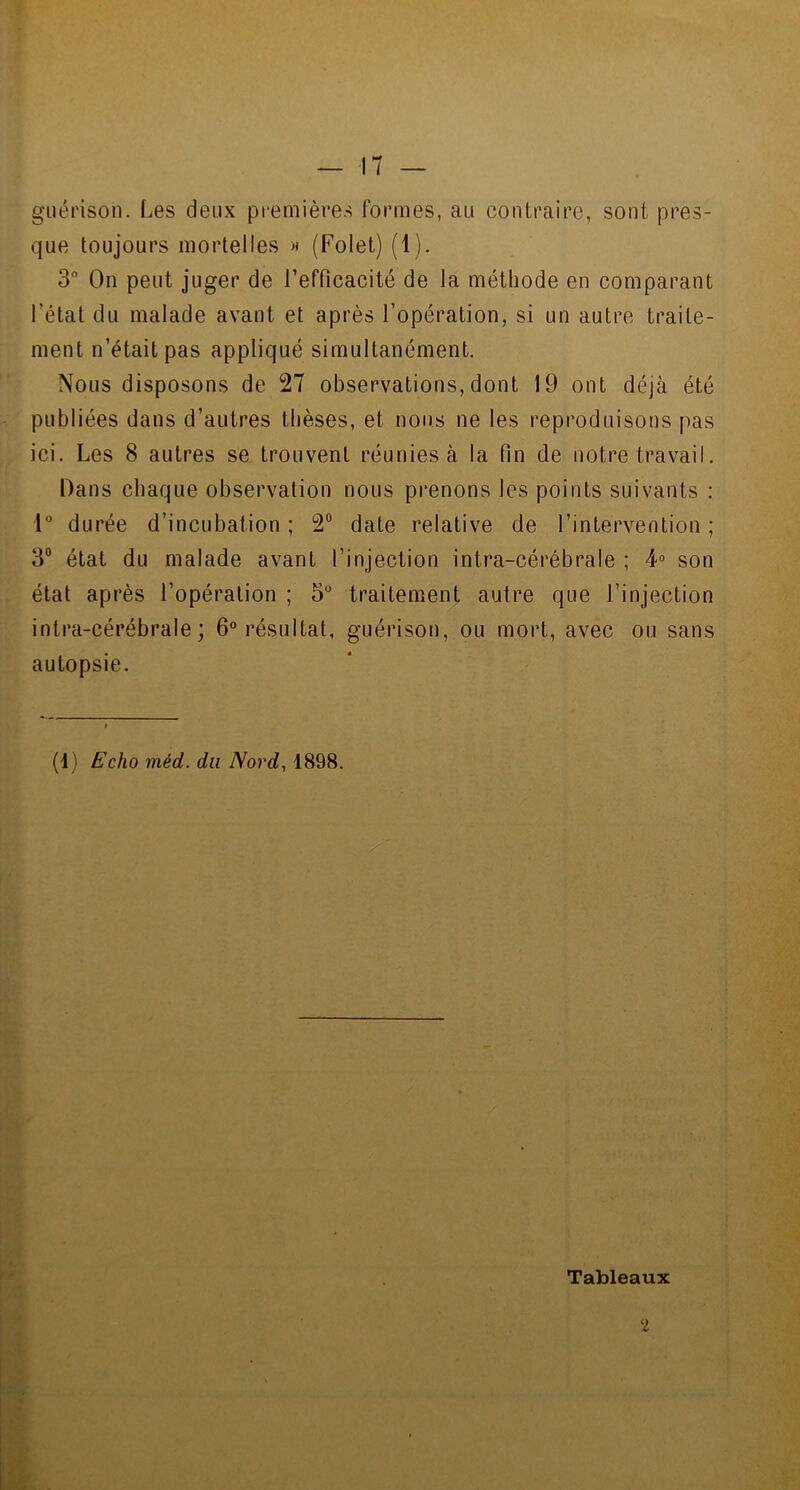 guérison. Les deux premières formes, au contraire, sont pres- que toujours mortelles >» (Folet) (1). 3° On peut juger de l’efficacité de la méthode en comparant l'étal du malade avant et après l'opération, si un autre traite- ment n’était pas appliqué simultanément. Nous disposons de 27 observations, dont 19 ont déjà été publiées dans d’autres thèses, et nous ne les reproduisons pas ici. Les 8 autres se trouvent réunies à la fin de notre travail. Dans chaque observation nous prenons les points suivants : 1° durée d’incubation ; 2° date relative de l’intervention ; 3° état du malade avant l’injection intra-cérébrale ; 4° son état après l’opération ; 5° traitement autre que l’injection intra-cérébrale; 6° résultat, guérison, ou mort, avec ou sans autopsie. (1) Echo méd. du Nord, 1898. Tableaux 2