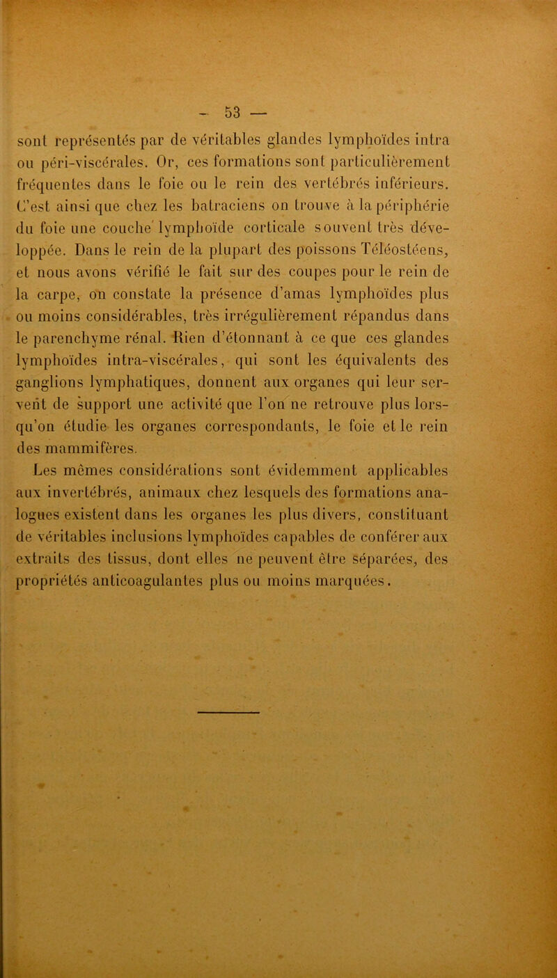 sont représentés par de véritables glandes lymphoïdes intra ou péri-viscérales. Or, ces formations sont particnlièrement fréquentes dans le foie ou le rein des vertébrés inférieurs. C’est ainsi que chez les batraciens on trouve à la périphérie du foie une couche'lymphoïde corticale souvent très déve- loppée. Dans le rein de la plupart des poissons Téléostéens, et nous avons vérifié le fait sur des coupes pour le rein de la carpe, on constate la présence d’amas lymphoïdes plus . ou moins considérables, très irrégulièrement répandus dans le parenchyme rénal. Rien d’étonnant à ce que ces glandes lymphoïdes intra-viscérales, qui sont les équivalents des ganglions lymphatiques, donnent aux organes qui leur ser- vent de support une activité que l’on ne retrouve plus lors- qu’on étudie les organes correspondants, le foie et le rein des mammifères. Les memes considérations sont évidemment applicables aux invertébrés, animaux chez lesquels des formations ana- logues existent dans les organes les plus divers, constituant de véritables inclusions lymphoïdes capables de conférer aux extraits des tissus, dont elles ne peuvent être séparées, des propriétés anticoagulantes plus ou moins marquées.