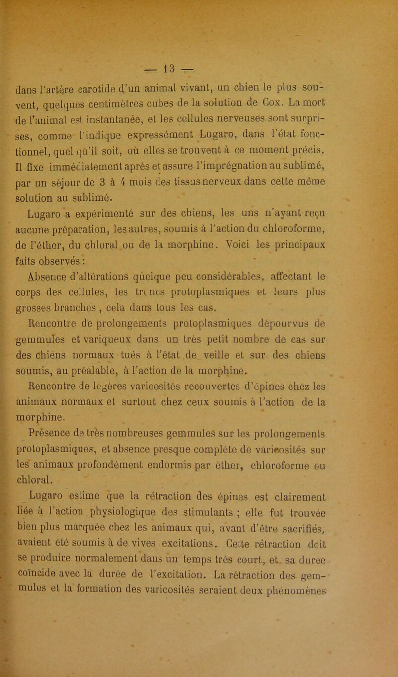 dans l’artère carotide d’un animal vivant, un chien le plus sou- vent, quelques centimètres cubes de la solution de Gox. La mort de l’animal est instantanée, et les cellules nerveuses sont surpri- ses, comme l'indique expressément Lugaro, dans l’état fonc- tionnel, quel qu’il soit, où elles se trouvent à ce moment précis. Il fixe immédiatement après et assure l’imprégnation au sublimé, par un séjour de 3 à 4 mois des tissus nerveux dans cette même solution au sublimé. Lugaro a expérimenté sur des chiens, les uns n’ayanL reçu aucune préparation, les autres, soumis à l’action du chloroforme, de l’éther, du chloral ou de la morphine. Voici les principaux faits observés : Absence d’altérations quelque peu considérables, affectant le corps des cellules, les truies protoplasmiques et leurs plus grosses branches , cela dans tous les cas. Rencontre de prolongements protoplasmiques dépourvus de gemmules et variqueux dans un Lrès petit nombre de cas sur des chiens normaux tués à l’état de veille et sur des chiens soumis, au préalable, à l'action de la morphine. Rencontre de légères varicosités recouvertes d’épines chez les animaux normaux et surtout chez ceux soumis à l’action de la morphine. Présence de très nombreuses gemmules sur les prolongements protoplasmiques, et absence presque complète de varicosités sur les animaux profondément endormis par éther, chloroforme ou chloral. Lugaro estime que la rétraction des épines est clairement liée à l’action physiologique des stimulants ; elle fut trouvée bien plus marquée chez les animaux qui, avant d’être sacrifiés, avaient été soumis à de vives excitations. Cette rétraction doit se produire normalement dans un temps très court, et sa durée coincido avec la durée de l’excitation. La rétraction des gem- mules et la formation des varicosiLés seraient deux phénomènes