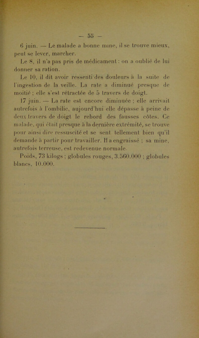 6 juin. — Le malade a bonne mine, il se trouve mieux, peut se lever, marcher. Le 8, il n’a pas pris de médicament: on a oublié de lui donner sa ration. Le 10, il dit avoir ressenti des douleurs à la suite de l'ingestion de la veille. La rate a diminué presque de moitié ; elle s’est rétractée de 5 travers de doigt. 17 juin. — La rate est encore diminuée ; elle arrivait autrefois à l’ombilic, aujourd'hui elle dépasse à peine de deux travers de doigt le rebord des fausses côtes. Ce malade, qui ('-lait presque à la dernière extrémité, se trouve pour ainsi dire ressuscité et se senl tellement bien qu’il demande à partir pour travailler. Il a engraissé ; sa mine, autrefois terreuse, est redevenue normale. Poids, 73 kilogs ; globules rouges, 3.560.000 ; globules