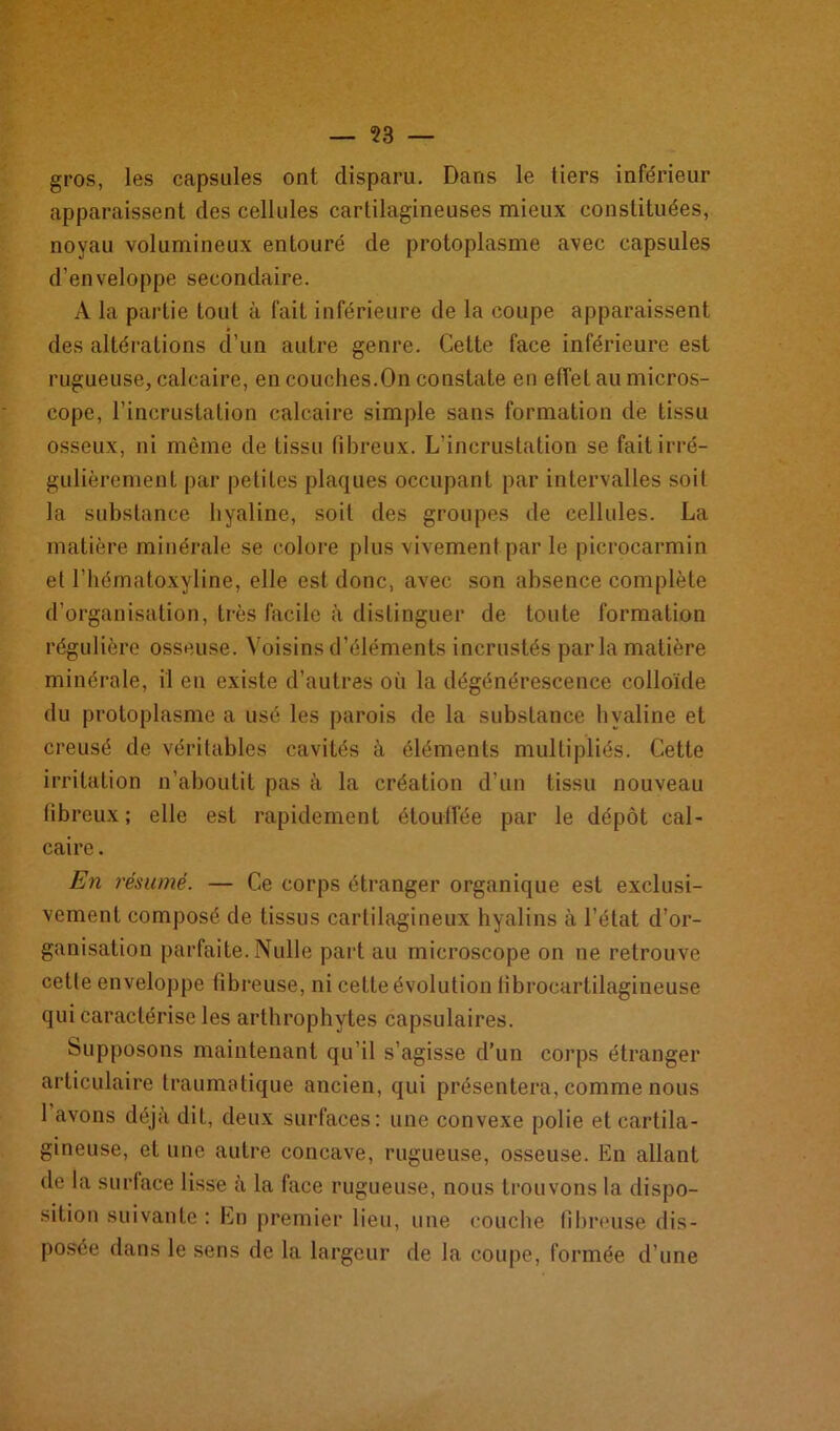 ?3 — gros, les capsules ont disparu. Dans le tiers inférieur apparaissent des cellules cartilagineuses mieux constituées, noyau volumineux entouré de protoplasme avec capsules d’enveloppe secondaire. A la partie fout à fait inférieure de la coupe apparaissent des altérations d’un autre genre. Celte face inférieure est rugueuse, calcaire, en couches.On constate en effet au micros- cope, l’incrustation calcaire simple sans formation de tissu osseux, ni même de tissu fibreux. L’incrustation se fait irré- gulièrement par petites plaques occupant par intervalles soit la substance hyaline, soit des groupes de cellules. La matière minérale se colore plus vivement par le picrocarmin et l’hématoxyline, elle est donc, avec son absence complète d’organisation, très facile à distinguer de toute formation régulière osseuse. Voisins d’éléments incrustés parla matière minérale, il en existe d’autres où la dégénérescence colloïde du protoplasme a usé les parois de la substance hyaline et creusé de véritables cavités à éléments multipliés. Cette irritation n’aboutit pas à la création d’un tissu nouveau fibreux; elle est rapidement étouffée par le dépôt cal- caire . En résumé. — Ce corps étranger organique est exclusi- vement composé de tissus cartilagineux hyalins à l’état d’or- ganisation parfaite. Nulle part au microscope on ne retrouve cette enveloppe fibreuse, ni cette évolution librocartilagineuse qui caractérise les arthrophytes capsulaires. Supposons maintenant qu’il s’agisse d’un corps étranger articulaire traumatique ancien, qui présentera, comme nous 1 avons déjà dit, deux surfaces: une convexe polie et cartila- gineuse, et une autre concave, rugueuse, osseuse. En allant de la surface lisse à la face rugueuse, nous trouvons la dispo- sition suivante : En premier lieu, une couche fibreuse dis- posée dans le sens de la largeur de la coupe, formée d’une