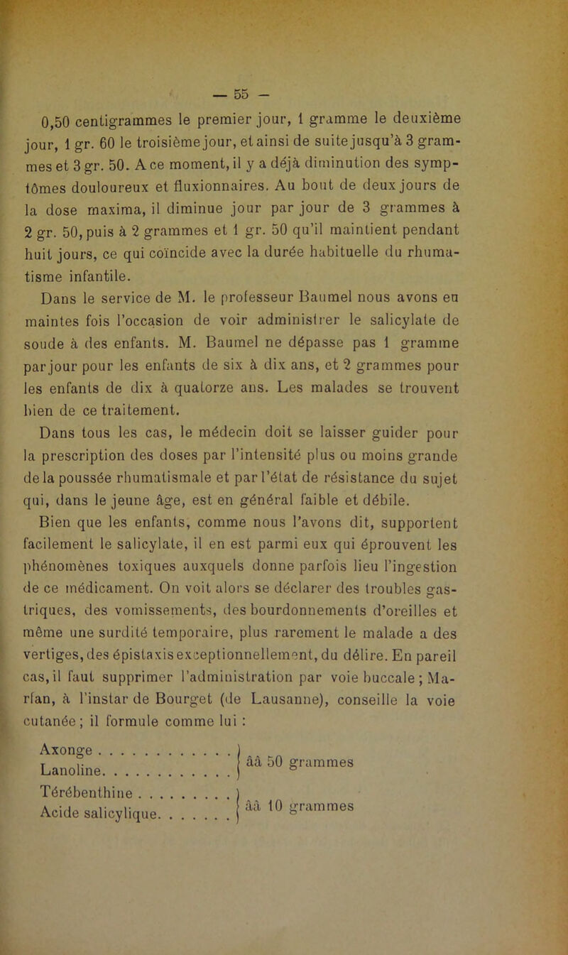 0,50 centigrammes le premier jour, 1 gramme le deuxième jour, 1 gr. 60 le troisième jour, et ainsi de suite jusqu’à 3 gram- mes et 3 gr. 50. A ce moment, il y a déjà diminution des symp- tômes douloureux et fluxionnaires. Au bout de deux jours de la dose maxima, il diminue jour par jour de 3 grammes à 2 gr. 50, puis à 2 grammes et 1 gr. 50 qu’il maintient pendant huit jours, ce qui coïncide avec la durée habituelle du rhuma- tisme infantile. Dans le service de M. le professeur Baumel nous avons eu maintes fois l’occasion de voir administrer le salicylate de soude à des enfants. M. Baumel ne dépasse pas 1 gramme par jour pour les enfants de six à dix ans, et 2 grammes pour les enfants de dix à quatorze ans. Les malades se trouvent bien de ce traitement. Dans tous les cas, le médecin doit se laisser guider pour la prescription des doses par l’intensité plus ou moins grande de la poussée rhumatismale et par l’état de résistance du sujet qui, dans le jeune âge, est en général faible et débile. Bien que les enfants, comme nous l’avons dit, supportent facilement le salicylate, il en est parmi eux qui éprouvent les phénomènes toxiques auxquels donne parfois lieu l’ingestion de ce médicament. On voit alors se déclarer des troubles gaas- triques, des vomissements, des bourdonnements d’oreilles et même une surdité temporaire, plus rarement le malade a des vertiges, des épistaxis exceptionnellement, du délire. En pareil cas, il faut supprimer l’administration par voie buccale ; Ma- rlan, à l'instar de Bourget (de Lausanne), conseille la voie cutanée; il formule comme lui : Axonge Lanoline Térébenth ine . . . Acide salicylique. âà 50 grammes àà 10 grammes