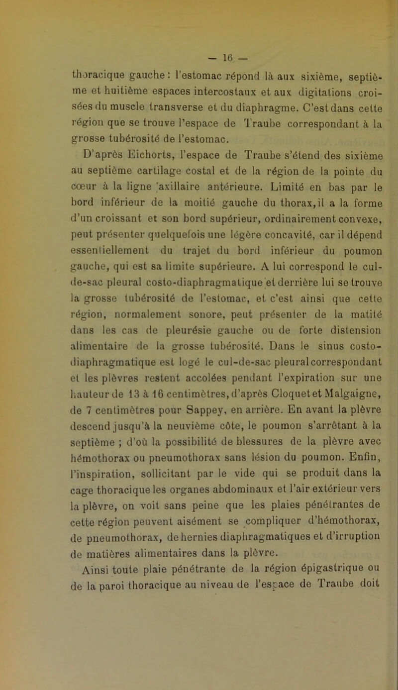 thoracique gauche : l’estomac répond là aux sixième, septiè- me et huitième espaces intercostaux et aux digitations croi- sées du muscle transverse et du diaphragme. C’est dans cette région que se trouve l’espace de Traube correspondant à la grosse tubérosité de l’estomac. D’après Eichorts, l’espace de Traube s’étend des sixième au septième cartilage costal et de la région de la pointe du cœur à la ligne ^xillaire antérieure. Limité en bas par le bord inférieur de la moitié gauche du thorax, il a la forme d’un croissant et son bord supérieur, ordinairement convexe, peut présenter quelquefois une légère concavité, car il dépend essentiellement du trajet du bord inférieur du poumon gauche, qui est sa limite supérieure. A lui correspond le cul- de-sac pleural costo-diaphragmatique et derrière lui se trouve la grosse tubérosité de l’estomac, et c’est ainsi que cette région, normalement sonore, peut présenter de la matité dans les cas de pleurésie gauche ou de forte distension alimentaire de la grosse tubérosité. Dans le sinus costo- diaphragmatique est logé le cul-de-sac pleural correspondant et les plèvres restent accolées pemlant l’expiration sur une liauteurde 13 à 16 centimètres, d’après Cloquetet Malgaigne, de 7 centimètres pour Sappey, en arrière. En avant la plèvre descend jusqu’à la neuvième côte, le poumon s’arrêtant à la septième ; d’où la possibilité de blessures de la plèvre avec hémothorax ou pneumothorax sans lésion du poumon. Enfin, l’inspiration, sollicitant par le vide qui se produit dans la cage thoracique les organes abdominaux et l’air extérieur vers la plèvre, on voit sans peine que les plaies pénétrantes de cette région peuvent aisément se compliquer d’hémothorax, de pneumothorax, de hernies diaphragmatiques et d’irruption de matières alimentaires dans la plèvre. Ainsi toute plaie pénétrante de la région épigastrique ou de la paroi thoracique au niveau de l’espace de Traube doit