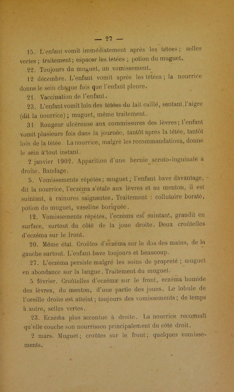 15. L’en faut vomit immédiatement après les tétées; selles vertes ; traitement; espacer les tétées ; potion du muguet. 22. Toujours du muguet, un vomissement. 12 décembre. L’enfant vomit après les tétées ; la nourrice donne le sein chaque fois que 1 enfant pleure. 21. Vaccination de l’enfant. 23. L’enfant vomit loin des tétées du lait caillé, sentant 1 aigte (dit la nourrice) ; muguet, même traitement. 31 Rougeur ulcéreuse aux commissures des lèvres; l’enfant vomit plusieurs fois dans la journée, tantôt après la tétée, tantôt loin de la tétée. La nourrice, malgré les recommandations, donne le sein à tout instant. 2 janvier 1902. Apparition d’une hernie scroto-inguinale à droite. Bandage. 5. Vomissements répétés ; muguet; l’enfant bave davantage, dit la nourrice, l’eczéma s’étale aux lèvres et au menton, il est suintant, à rainures saignantes. Traitement : collutoire borate, potion du muguet, vaseline boriquée. 12. Vomissements répétés, l’eczéma est suintant, grandit en surface, surtout du côté de la joue droite. Deux croutelles d’eczéma sur le Iront. 20. Même état. Croûtes d’e*czéma sur le dos des mains, de la gauche surtout. L’enfant bave toujours et beaucoup. 27. L’eczéma persiste malgré les soins de propreté; muguet en abondance sur la langue. Traitement du muguet. 5 février. CroùLelles d’eczéma sur le front, eczéma humide des lèvres, du menton, d’une partie des joues. Le lobule de l’oreille droite est atteint; toujours des vomissements; de temps •a autre, selles vertes. 23. Eczénha plus accentué à droite. La nourrice reconnaît qu’elle couche son nourrisson principalement du côté droit. 2 mars. Muguet; croûtes sur le front; quelques vomisse- ments.