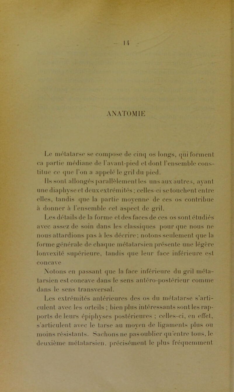 ANATOMIE Le métatarse se compose de cinq os longs, qui forment en partie médiane de l';i\an l-|»it»«l et dont l'ensemble cons- tilue ce (|in* l’on a appelé le gril *ln pied. Ils sont allongés parallèlement les uns aux autres, ayant une «lia pli y se et deux extrémités ; celles-ci se touchent eut re elles, tandis que la partie moyenne de ces os contribue à donner a l'ensemble cet aspect de gril. Les détails de la forme et des faces de ces os sont étudiés avec assez.de soin dans lc> classhpies pour que nous ne nous attardions pas à les décrire ; notons seulement que la lonvexité supérieure, tandis que leur face inférieure est concave Notons en passant que la face inférieure du gril méta- tarsien est concave dans le sens antéro-postérieur comme dans le sens transversal. Les extrémités antérieures des os du métatarse s’arti- culent avec les orteils; bien plus intéressants sont les rap- ports de leurs épiplivses postérieures ; celles-ci, en effet, s’articulent avec le tarse au moyen de ligaments plus ou moins résistants. Sachons ne pasoublier qu’entre tous, le deuxième métatarsien, précisément le plus fréquemment