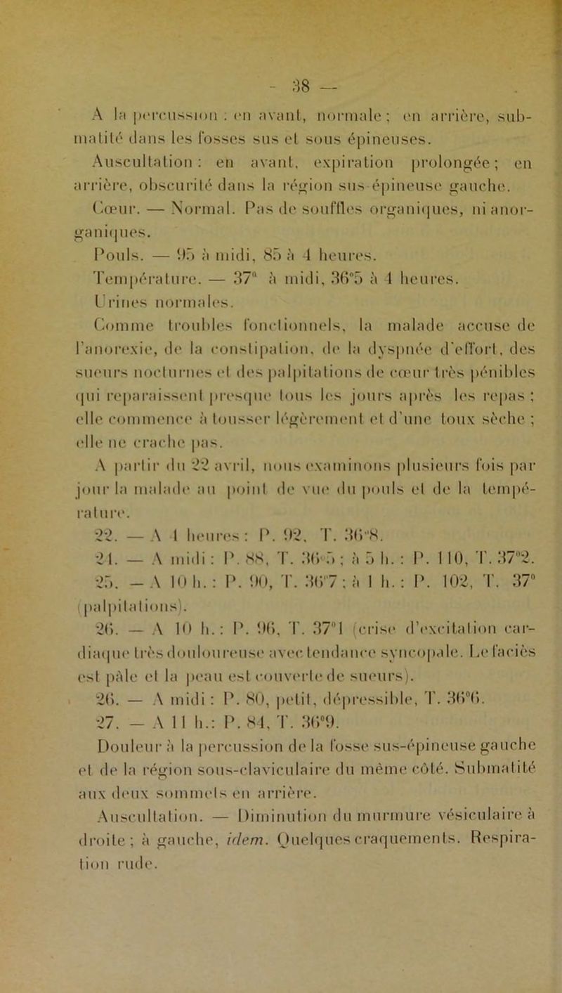 A la percussion : en avant, normale; en arrière, sub- nialilé dans les fosses sus el sous épineuses. Auscultation: en avant, expiration prolongée; en arrière, obscurité dans la région sus épineuse gauche. Cœur. — Normal. Pas de souffles organiques, nianor- ganiques. Pouls. — 95 à midi, 85 à 4 heures. Température. — .37 à midi, 365 à 1 heures. Urines normales. Comme troubles fonctionnels, la malade accuse de l'anorexie, de la constipation, de la dyspnée d'effort, des sueurs nocturnes et des palpitations de cœur très pénibles qui reparaissent presque tous les jours après les repas : elle commence à tousser légèrement et d’une toux sèche ; elle ne crache pas. A partir du *22 avril, nous examinons plusieurs fois par jour la malade au point de vue du pouls et de la tempé- rature. 2*2. — A I heures: P. 92. T. 368. 21. — A midi : P. 88, T. 3(15 ; à 5 h. : P. I 10, T. 37°2. 25. - A II) h.: P. 90, T. 3(57 ; à 1 h.: P. 102, T. 37 palpitations). 20. — A 1<) h.: P. 90. T. 371 crise d’excitation car- diaque très douloureuse avec tendance syncopale. I,e faciès est pale et la peau est couverte de sueurs). 20. — A midi : P. 80, petit, dépressible, T. 30T>. 27. - A 11 h.: P. 84, T. 30°9. Douleur à la percussion de la fosse sus-épineuse gauche «4 de la région sous-claviculaire du même côté. Submatité aux deux sommets en arrière. Auscultation. — Diminution du murmure vésiculaire à droite; à gauche, idem. Ouelquescraquements. Respira- tion rude.