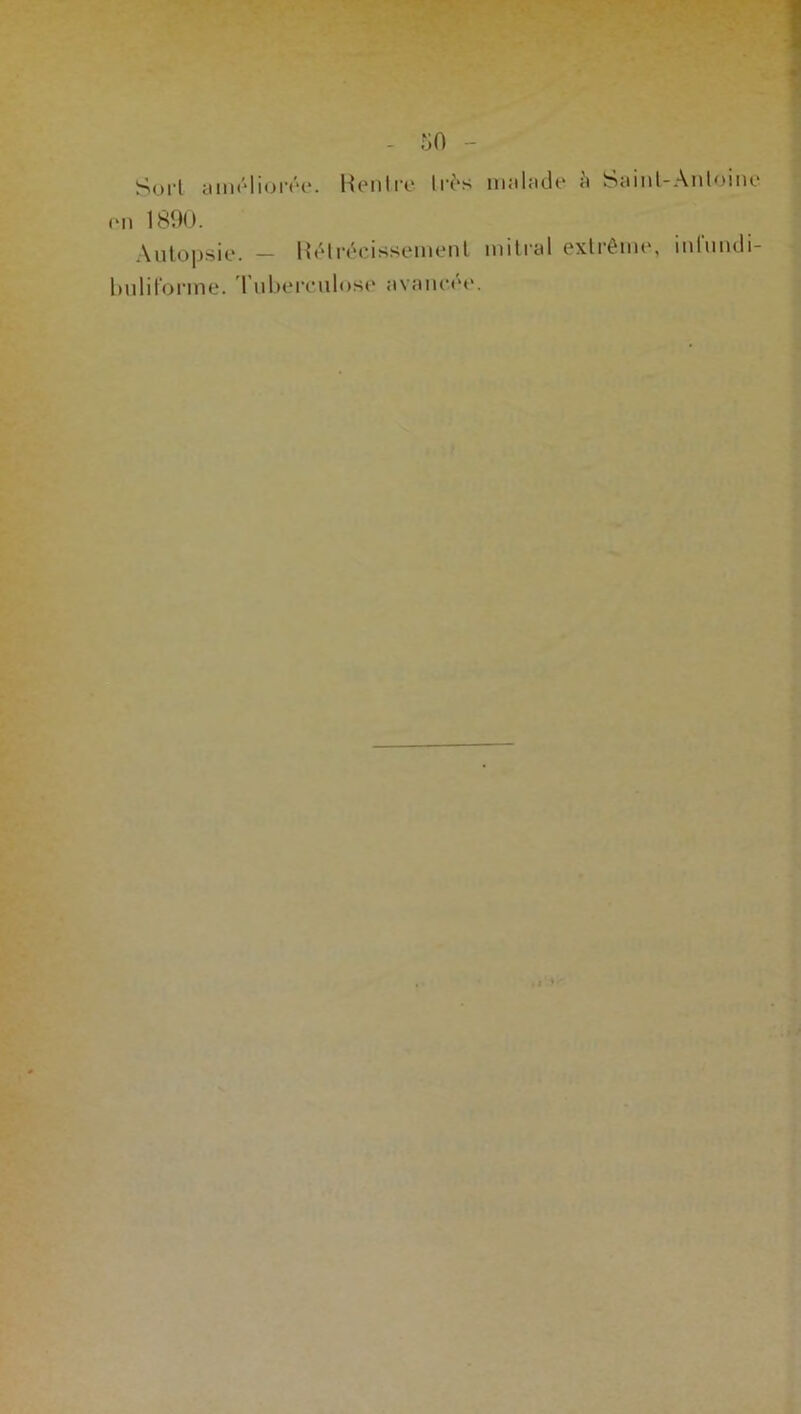 Sort améliorée. Rentre très malade h Saint-Antoine on 1890. Autopsie. — Rétrécissement mitral extiéme, mlundi- buliforme. Tuberculose avancée.