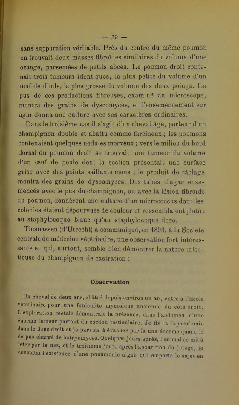 sans suppuration véritable. Près du centre du môme poumon on trouvait deux masses fibroïdes similaires du volume d’une orange, parsemées de petits abcès. Le poumon droit conte- nait trois tumeurs identiques, la plus petite du volume d'un œuf de dinde, la plus grosse du volume des deux poings. Le pus de ces productions fibreuses, examiné au microscope, montra des grains de dyscomyces, et l’ensemencement sur agar donna une culture avec ses caractères ordinaires. Dans le troisième cas il s’agit d’un cheval âgé, porteur d’un champignon double et abattu comme farcineux ; les poumons contenaient quelques nodules morveux ; vers le milieu du bord dorsal du poumon droit se trouvait une tumeur du volume d’un œuf de poule dont la section présentait une surface grise avec des points saillants mous ; le produit de râclage montra des grains de dyscomyces. Des tubes d'agar ense- mencés avec le pus du champignon, ou avec la lésion fibroïde du poumon, donnèrent une culture d’un micrococcus dont les colonies étaient dépourvues de couleur et ressemblaient plutôt au staphylocoque blanc qu’au staphylocoque doré. Thomassen (d’Utrecht) a communiqué, en 1893, à la Société centrale de médecine vétérinaire, une observation fort intéres- sante et qui, surtout, semble bien démontrer la nature infec- tieuse du champignon de castration : Observation Un cheval de deux ans, châtré depuis environ un an, entre à l’École vétérinaire pour une funiculite mycosique ancienne du côté droit. L’exploration rectale démontrait la présence, dans l’abdomen, d’une énorme tumeur partant du cordon testiculaire. Je fis la laparotomie dans le flanc droit et je parvins à évacuer par là une énorme quantité de pus chargé de botryomyces. Quelques jours après, l’animal se mita jeter par le nez, et le troisième jour, après l’apparition du jetage, je constatai l’existence d’une pneumonie aiguë qui emporta le sujet eu