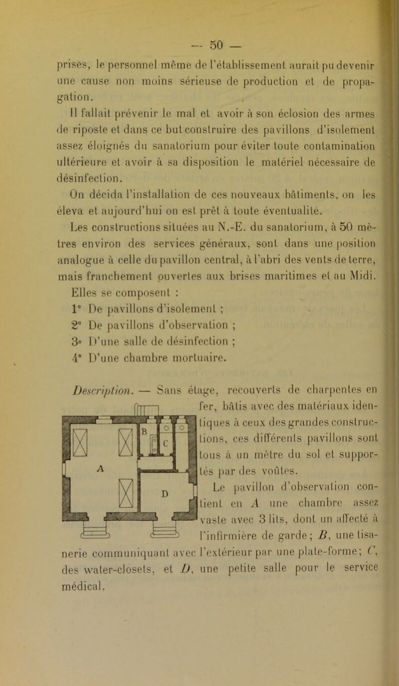 prises, le personnel même de l’établissement aurait pu devenir une cause non moins sérieuse de production et de propa- gation. Il fallait prévenir le mal et avoir à son éclosion des armes de riposte et dans ce but construire des pavillons d’isolement assez éloignés du sanatorium pour éviter toute contamination ultérieure et avoir à sa disposition le matériel nécessaire de désinfection. On décida l’installation de ces nouveaux bâtiments, on les éleva et aujourd’hui on est prêt à toute éventualité. Les constructions situées au N.-E. du sanatorium, à 50 mè- tres environ des services généraux, sont dans une position analogue à celle du pavillon central, à l’abri des vents île terre, mais franchement ouvertes aux brises maritimes et au Midi. Elles se composent : 1° De pavillons d’isolement ; 2° De pavillons d’observation ; 3° D’une salle de désinfection ; 4* D’une chambre mortuaire. Description. — Sans étage, recouverts de charpentes en fer, bâtis avec des matériaux iden- tiques à ceux des grandes construc- tions, ces différents pavillons sont tous à un mètre du sol et suppor- tés par des voûtes. Le pavillon d’observation con- tient en A une chambre assez vaste avec 3 lits, dont un affecté à l’infirmière de garde; B, une tisa- nerie communiquant avec l’extérieur par une plate-forme; (, des water-closets, et ZL une petite salie pour le service médical.